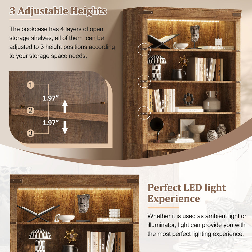 83.4'Tall Modern Bookshelf with Doors, Farmhouse Bookcase with 3-Tier Adjustable Shelves, Display Shelves with LED Light,Larg