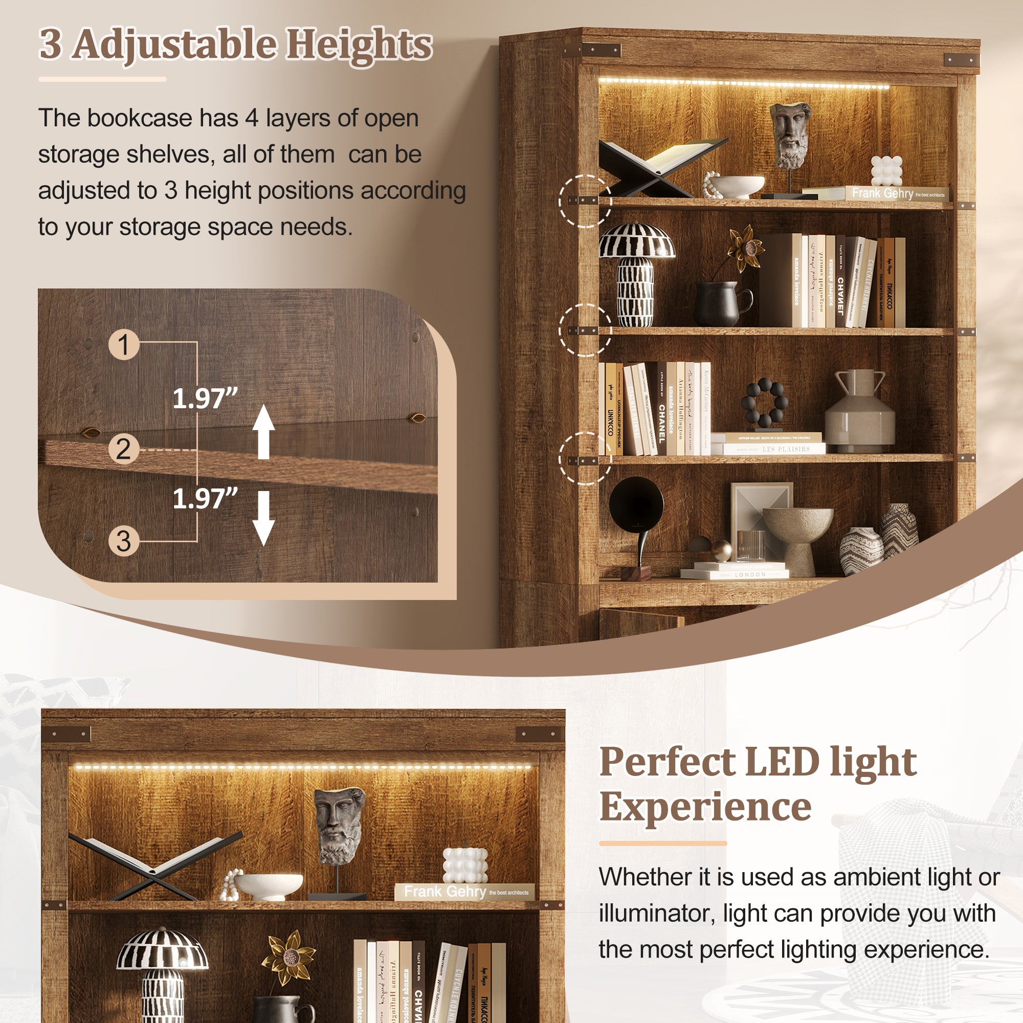 83.4'Tall Modern Bookshelf with Doors, Farmhouse Bookcase with 3-Tier Adjustable Shelves, Display Shelves with LED Light,Larg