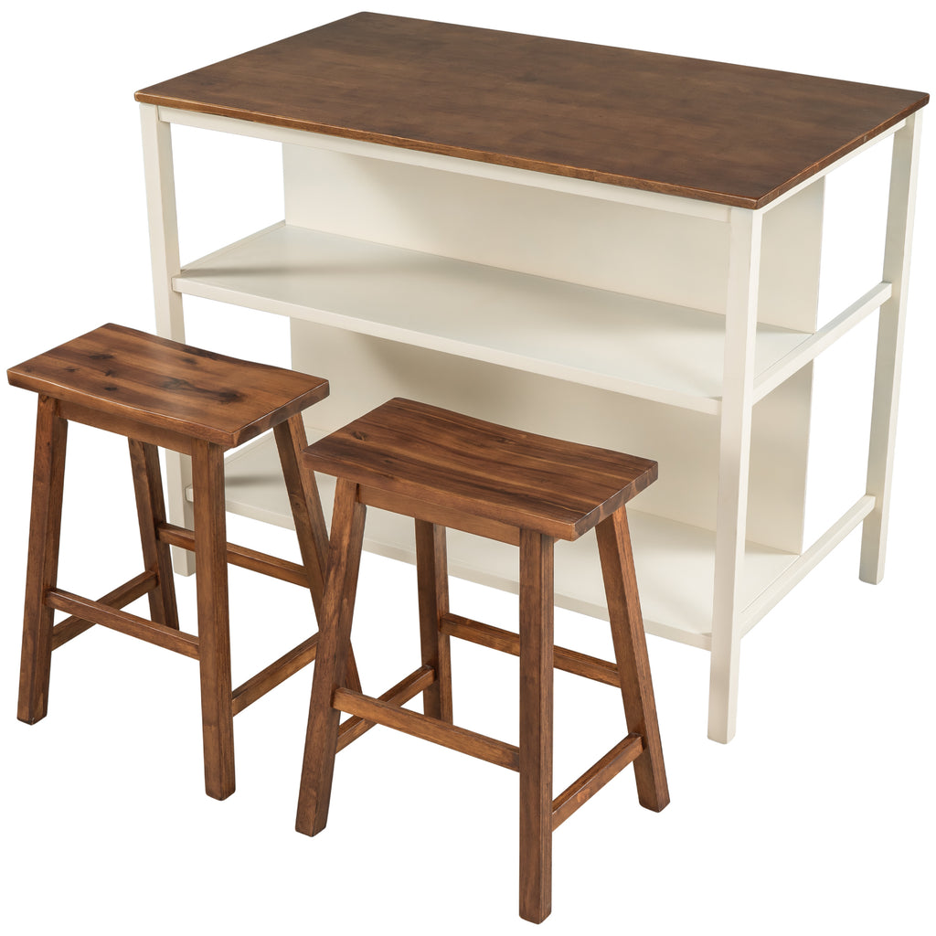 TOPMAX Rustic 3-piece Stationary Kitchen Island Set with Butcher Block and Seating, Walnut and Cream White - Grand Goldman Shop