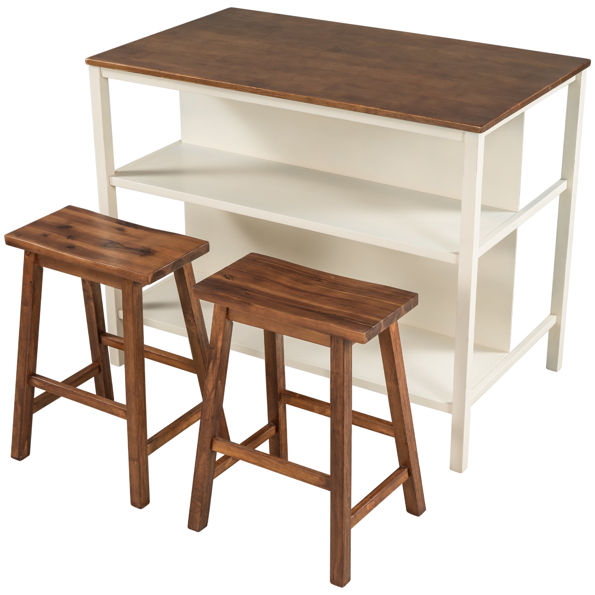 TOPMAX Rustic 3-piece Stationary Kitchen Island Set with Butcher Block and Seating, Walnut and Cream White - Grand Goldman Shop
