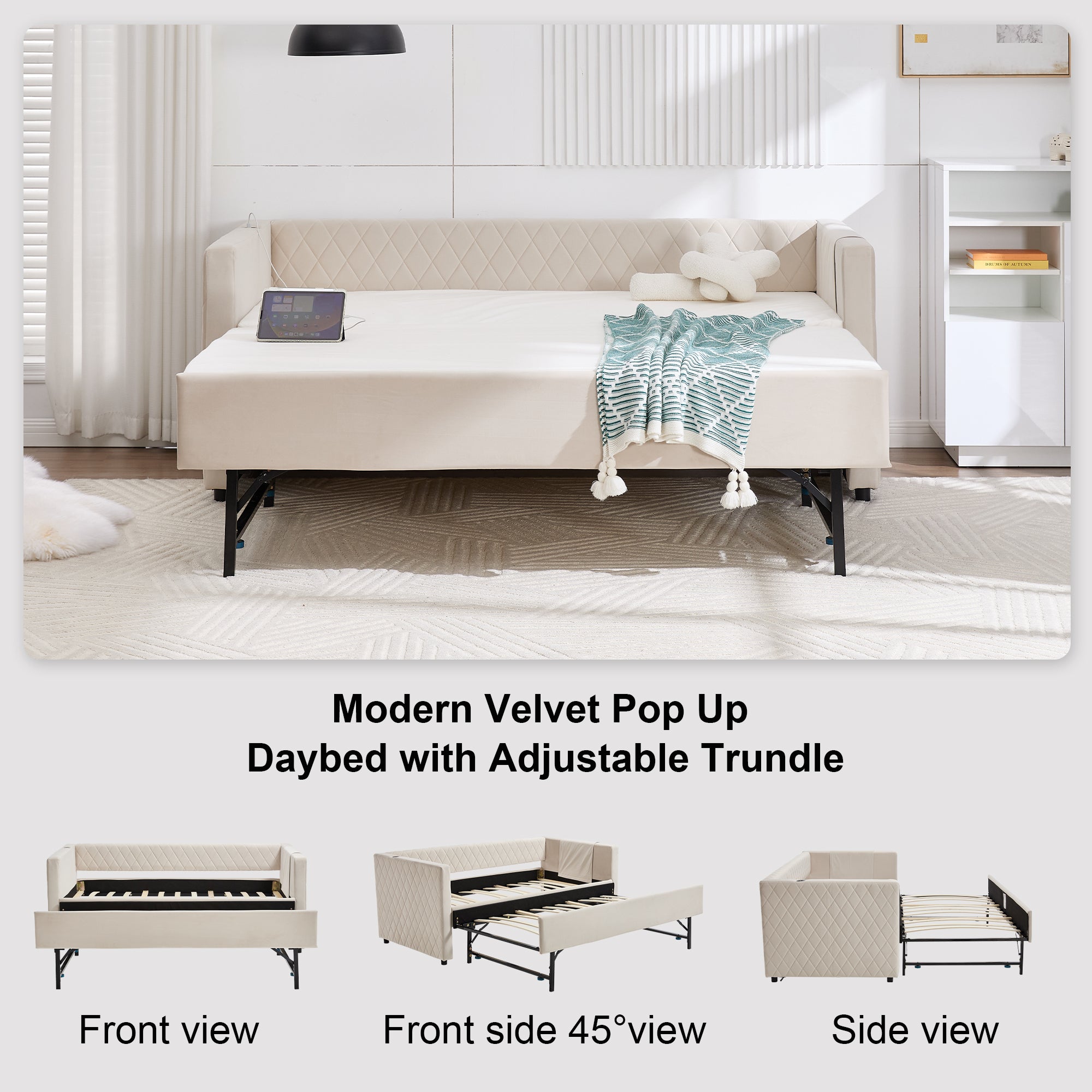 Beige velvet daybed, sturdy wooden bed frame, modern diamond grid pull-out design, perfect for bedroom, living room furniture - Grand Goldman Shop
