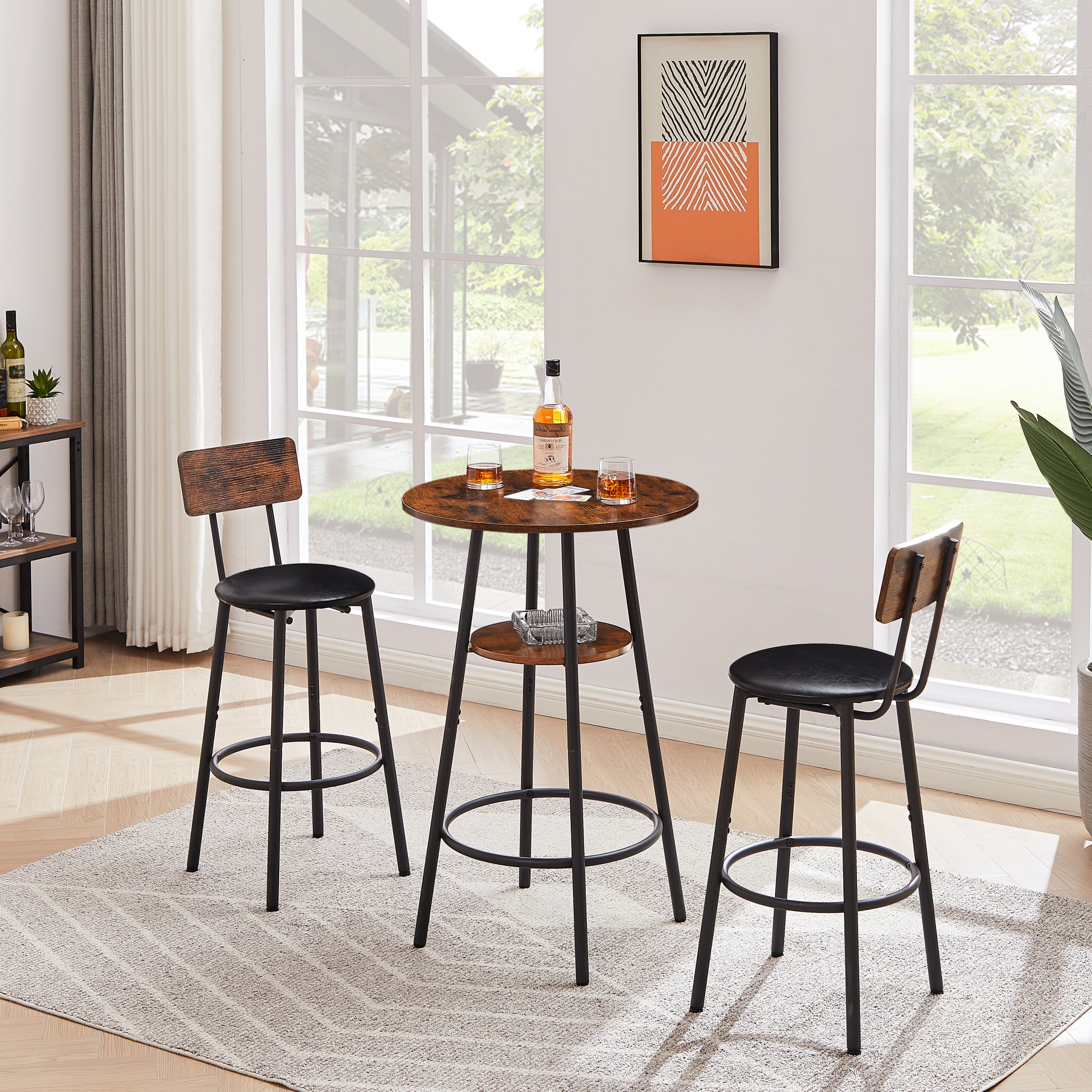 Round bar stool set with shelf, upholstered stool with backrest, Rustic Brown, 23.62'' W x 23.62'' D x 35.43'' H - Grand Goldman Shop