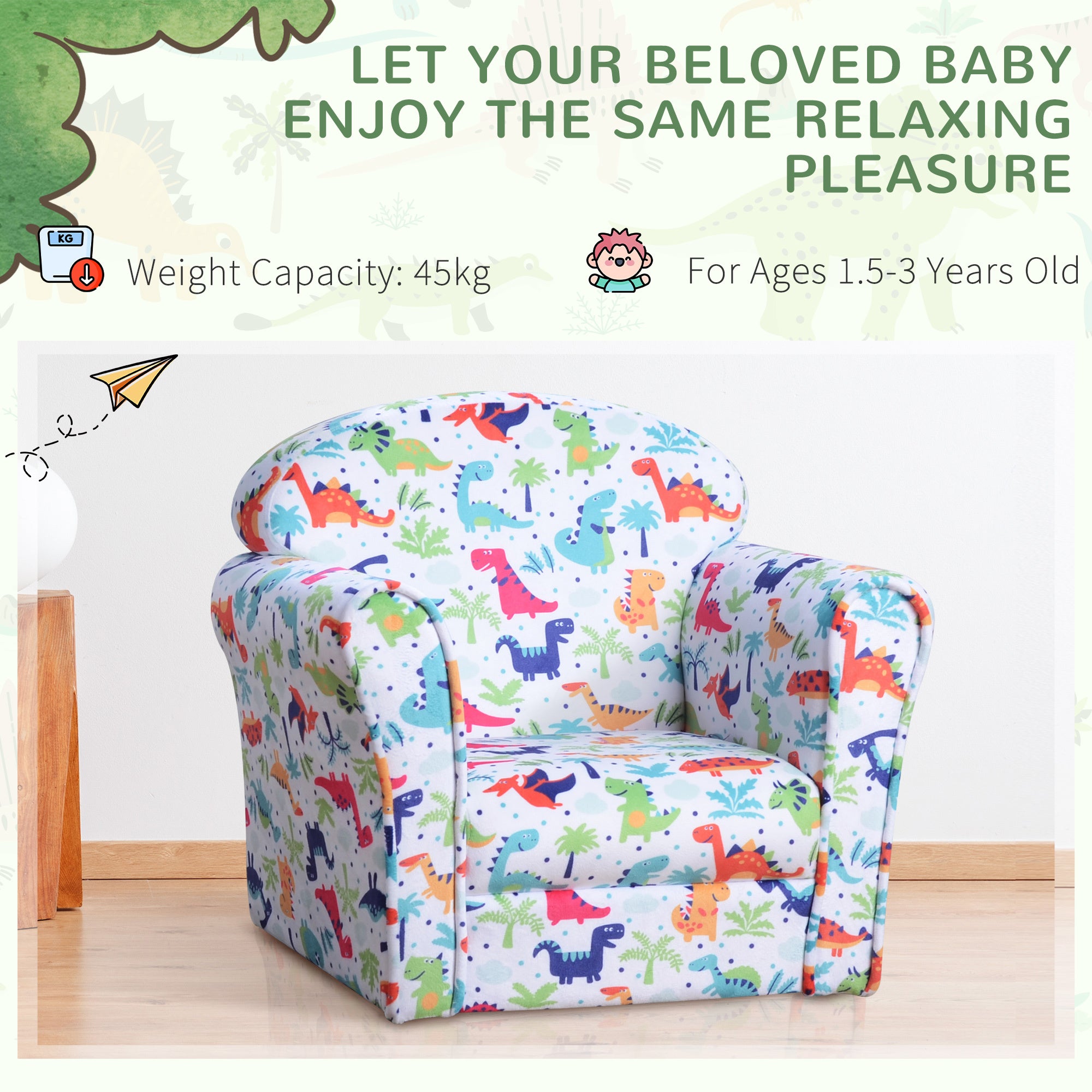 Qaba Kid's Sofa Chair with Dinosaur Design and Thick Padding, Flannel-Covered Toddler Armchair for Bedroom, Playroom | Premiu