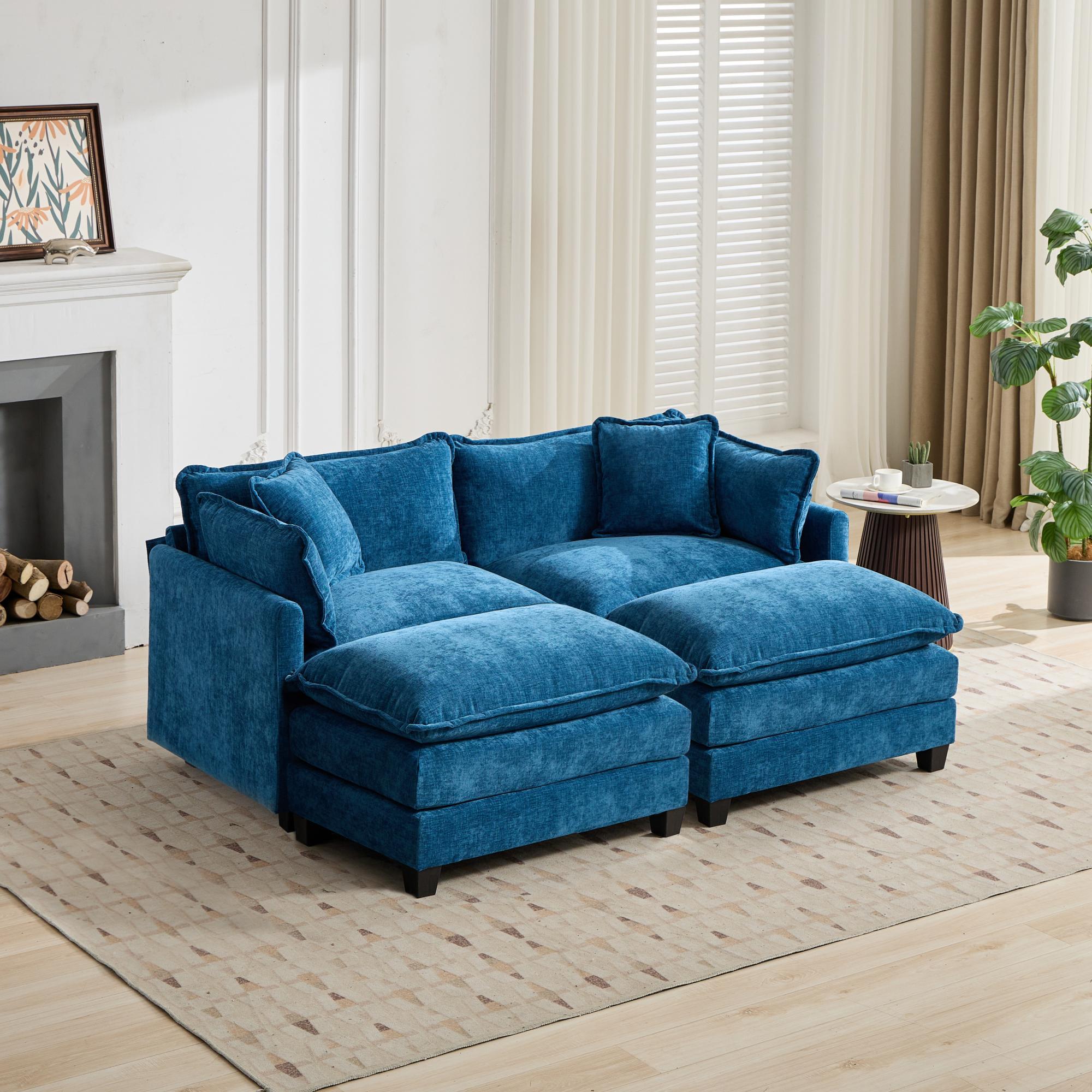 Cloud Sofa Ottoman only, Modern Sectional Couch, for Living Room Bedroom and Apartment, Comfy Double Layer Upholstered Seat Cushion, Breathable Chenille Fabric, Blue - Grand Goldman Shop