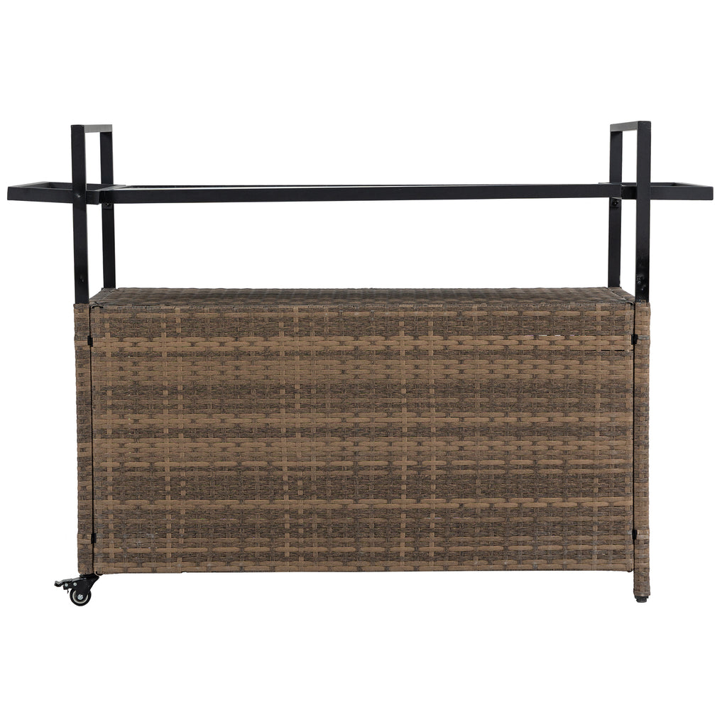 Outdoor Wicker Bar Cart, Patio Wine Serving Cart w/Wheels , Rolling Rattan Beverage Bar Counter Table w/Glass Top for Porch Backyard Garden Poolside Party, Light brown - Grand Goldman Shop