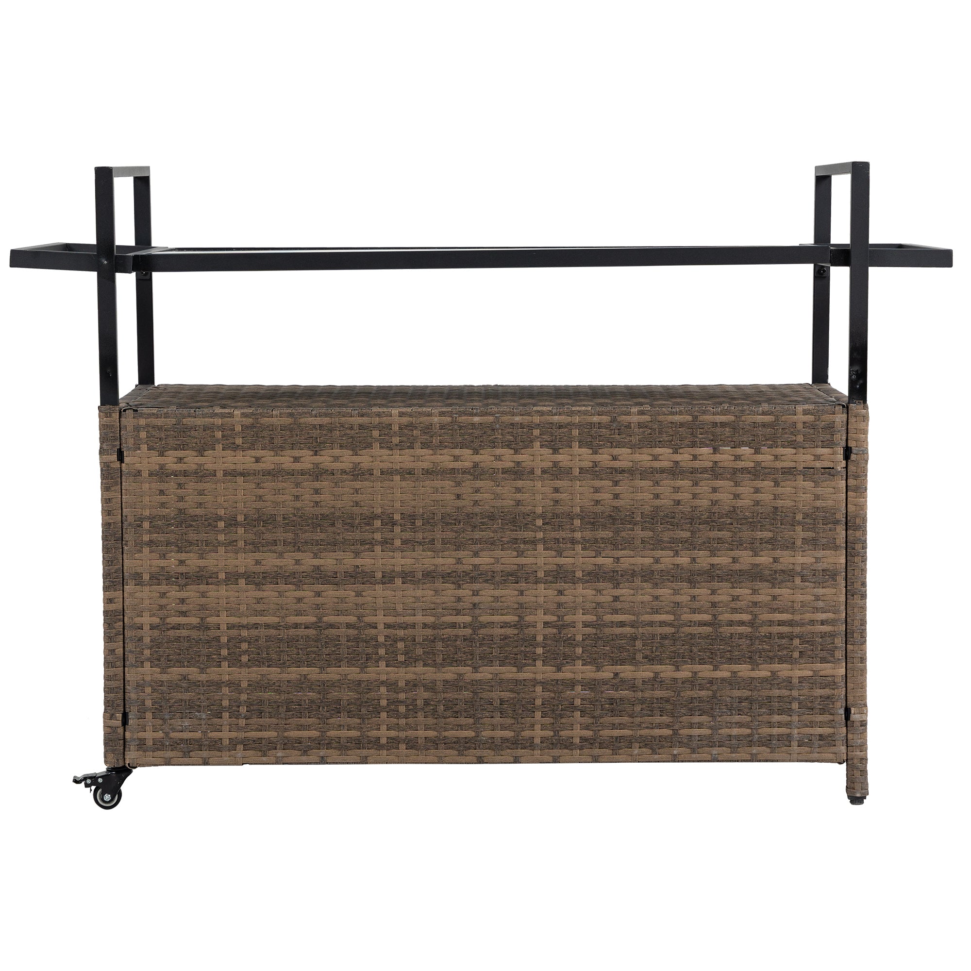 Outdoor Wicker Bar Cart, Patio Wine Serving Cart w/Wheels , Rolling Rattan Beverage Bar Counter Table w/Glass Top for Porch Backyard Garden Poolside Party, Light brown - Grand Goldman Shop