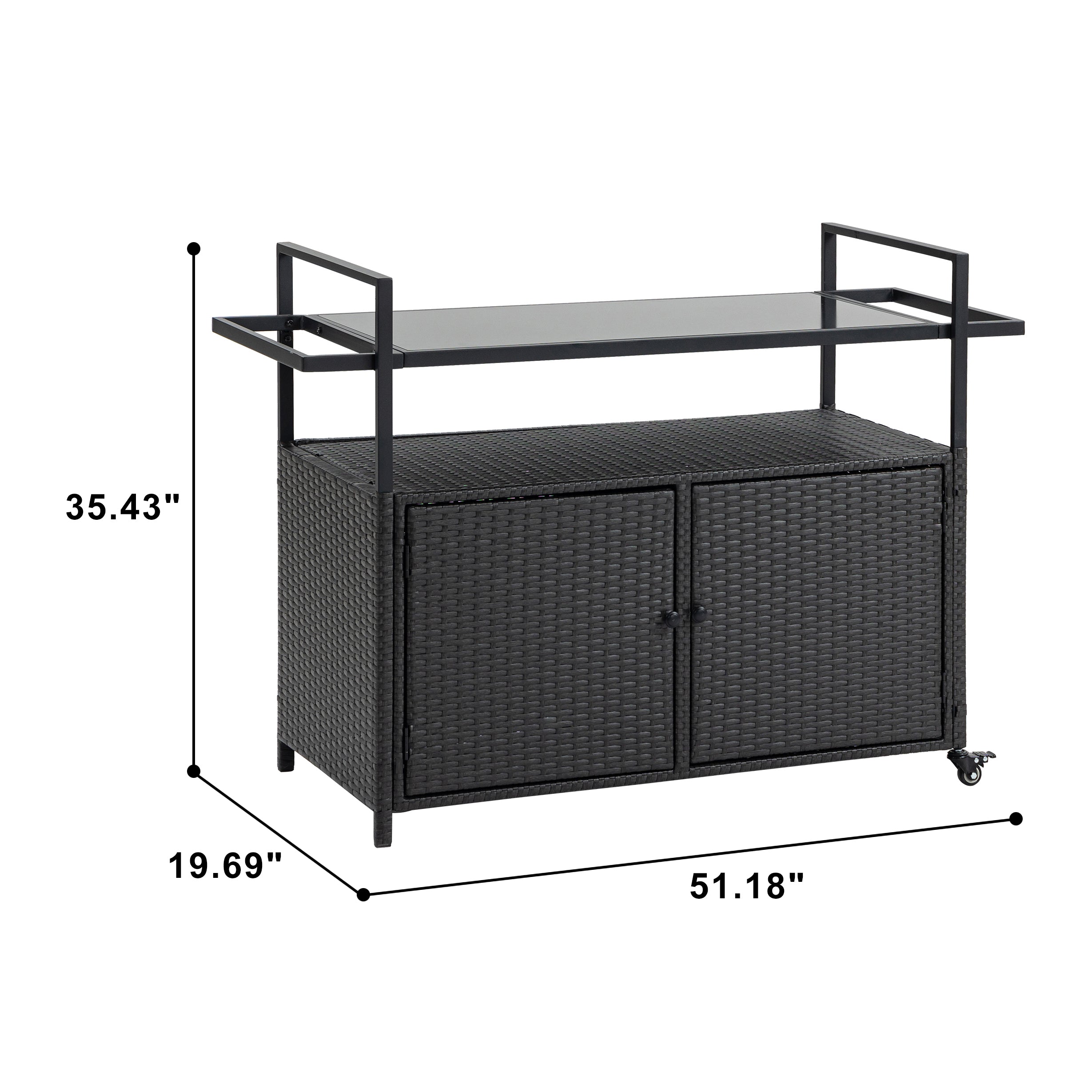 Outdoor Wicker Bar Cart, Patio Wine Serving Cart w/Wheels , Rolling Rattan Beverage Bar Counter Table w/Glass Top for Porch Backyard Garden Poolside Party, Light brown - Grand Goldman Shop