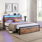Full Size Bed Frame with Storage Headboard and 2 Drawers, LED Lights Bed with Charging Station, Metal Platform Bed No Noise, Mattress Foundation Strong Metal Slats Support No Box Spring Needed - Grand Goldman Shop