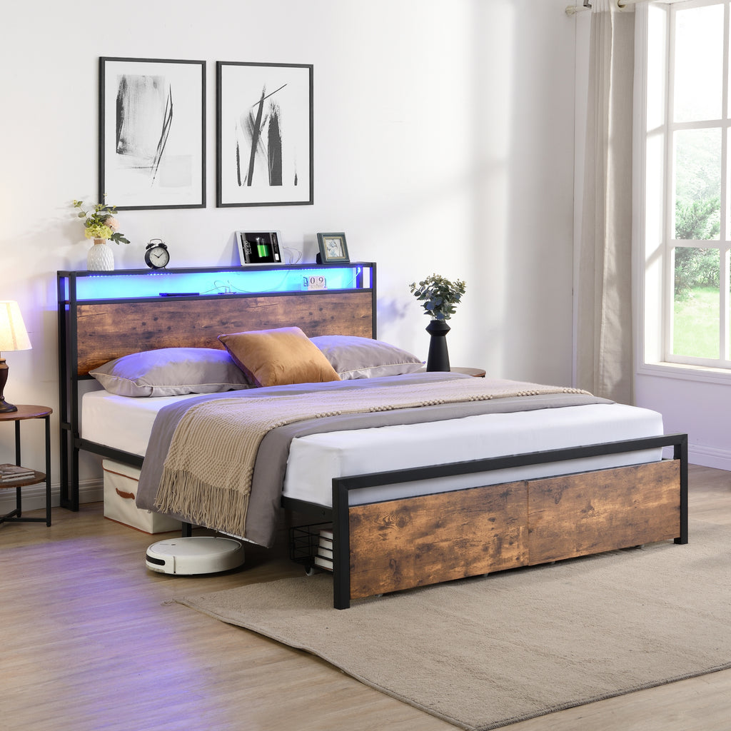 Queen Size Bed Frame with Storage Headboard and 2 Drawers, LED Lights Bed with Charging Station, Metal Platform Bed No Noise, Mattress Foundation Strong Metal Slats Support No Box Spring Needed - Grand Goldman Shop