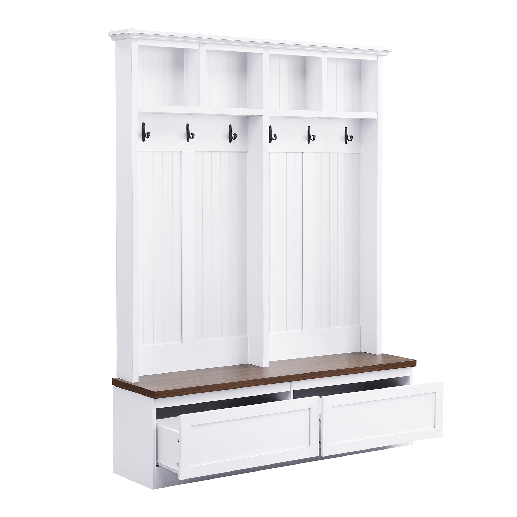 Farmhouse 4-in-1 Hall Tree with Wood Grain Bench, Mudroom Versatile Coat Rack with 2 Large Drawer, Entrance Organizer for Hallway, Living Room, White, 55.9'W (OLD SKU: N721P313099K) - Grand Goldman Shop