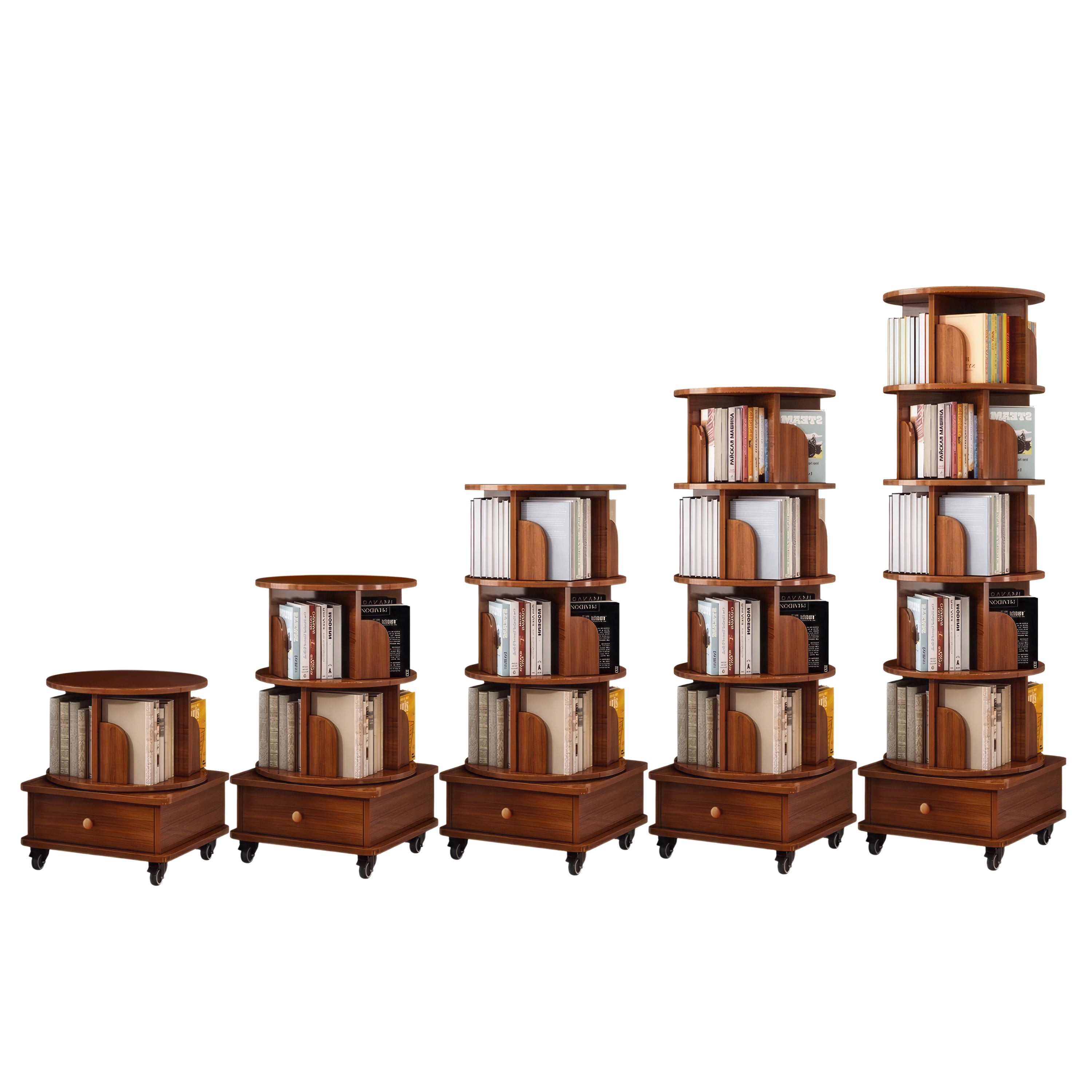 (UPGRADED) Rotating Bookshelf, 360 Display Corner Bookshelf for Small Space, 6 Tier Bookcase Storage Rack with Wheels, Wood Narrow Organizer for Bedroom, Living Room, Study Room, Walnut Brown - Grand Goldman Shop