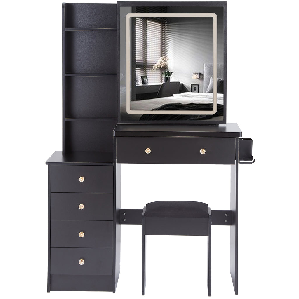 37' Middle Size Left Bedside Cabinet Vanity Table + Cushioned Stool Dresser Set, 2 AC+2 USB Socket, Hair Dryer Stand, Large Touch Control LED Sliding Mirror, 3-color Switch, EPA, GCC, UL Certificate - Grand Goldman Shop