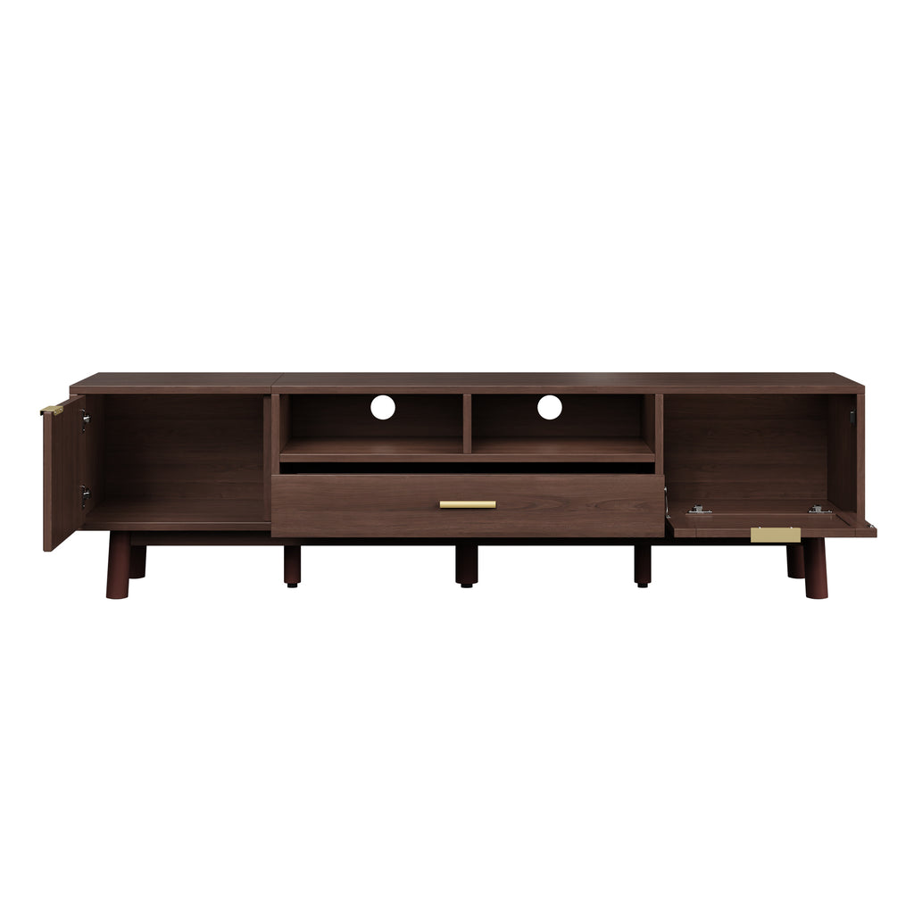 Wood Fashionable TV Stand for 75' TVs with Soft-Closing Doors, Dark Brown Modern Console with Rattan Accents and Drop-Down Cabinet, Solid Wood and MDF Construction - Grand Goldman Shop