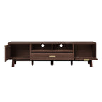 Wood Fashionable TV Stand for 75' TVs with Soft-Closing Doors, Dark Brown Modern Console with Rattan Accents and Drop-Down Cabinet, Solid Wood and MDF Construction - Grand Goldman Shop
