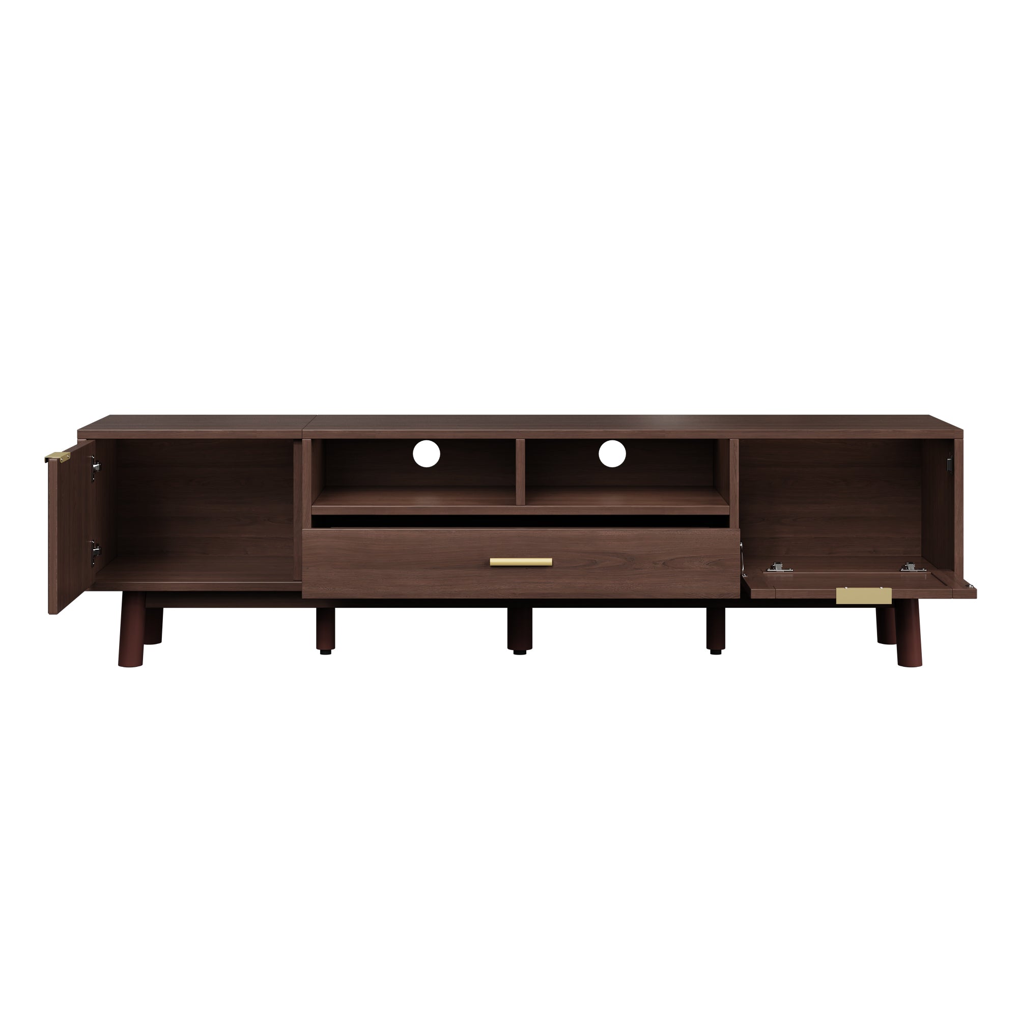 Wood Fashionable TV Stand for 75' TVs with Soft-Closing Doors, Dark Brown Modern Console with Rattan Accents and Drop-Down Cabinet, Solid Wood and MDF Construction - Grand Goldman Shop