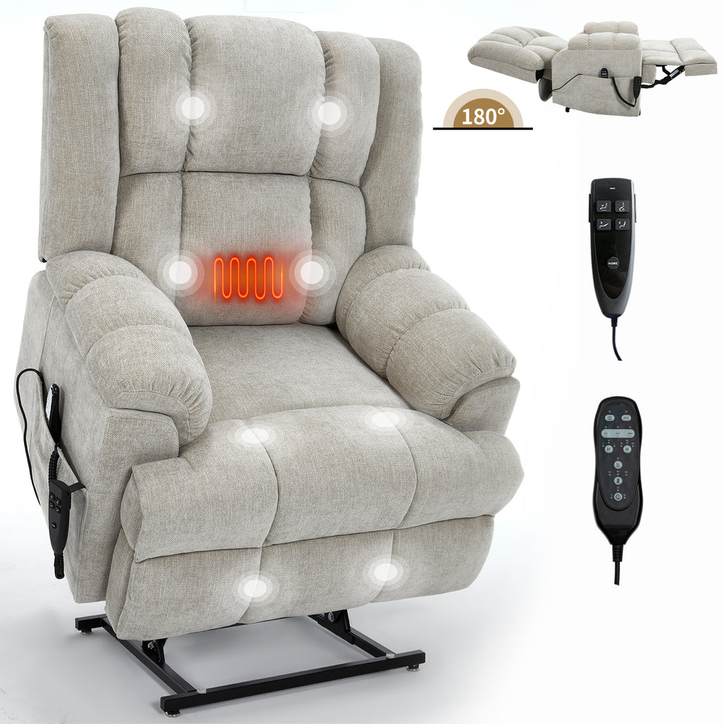 Dual Motor Heat Massage Infinite Position Up to 350 LBS Electric Power Lift Recliners with Power-Remote, Medium-firm and Heavy Duty, Beige - Grand Goldman Shop