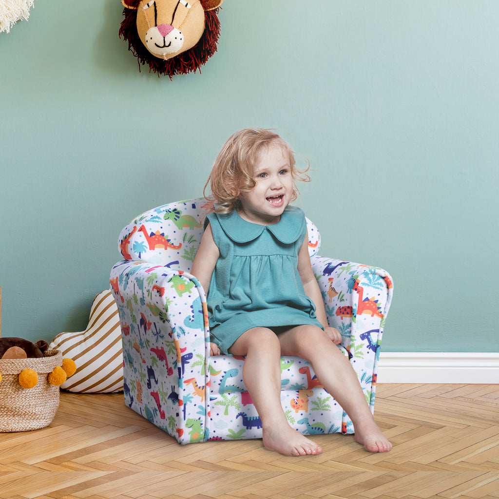 Qaba Kid's Sofa Chair with Dinosaur Design and Thick Padding, Flannel-Covered Toddler Armchair for Bedroom, Playroom | Premiu