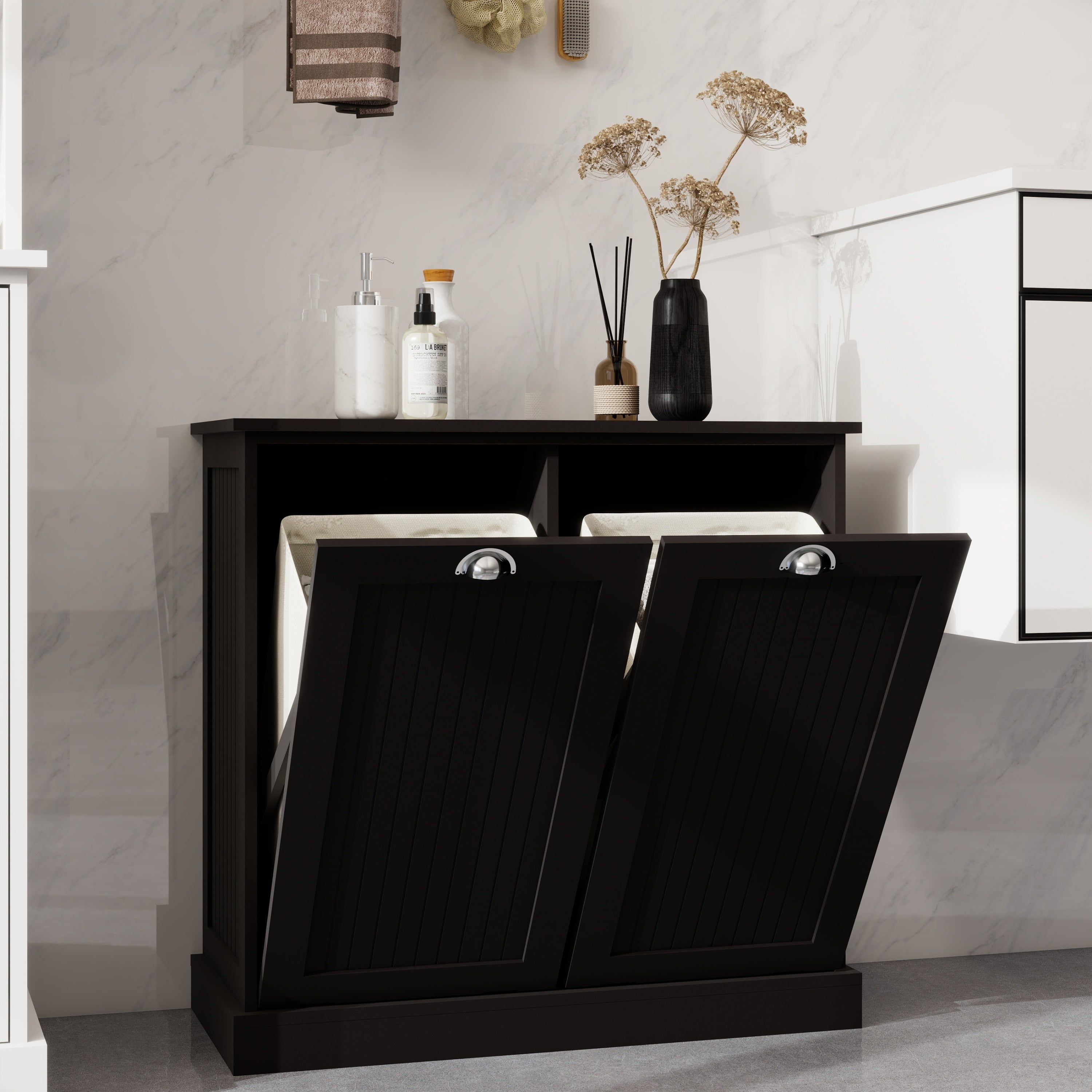 Two-Compartment Tilt-Out Laundry Sorter Cabinet-Black - Grand Goldman Shop