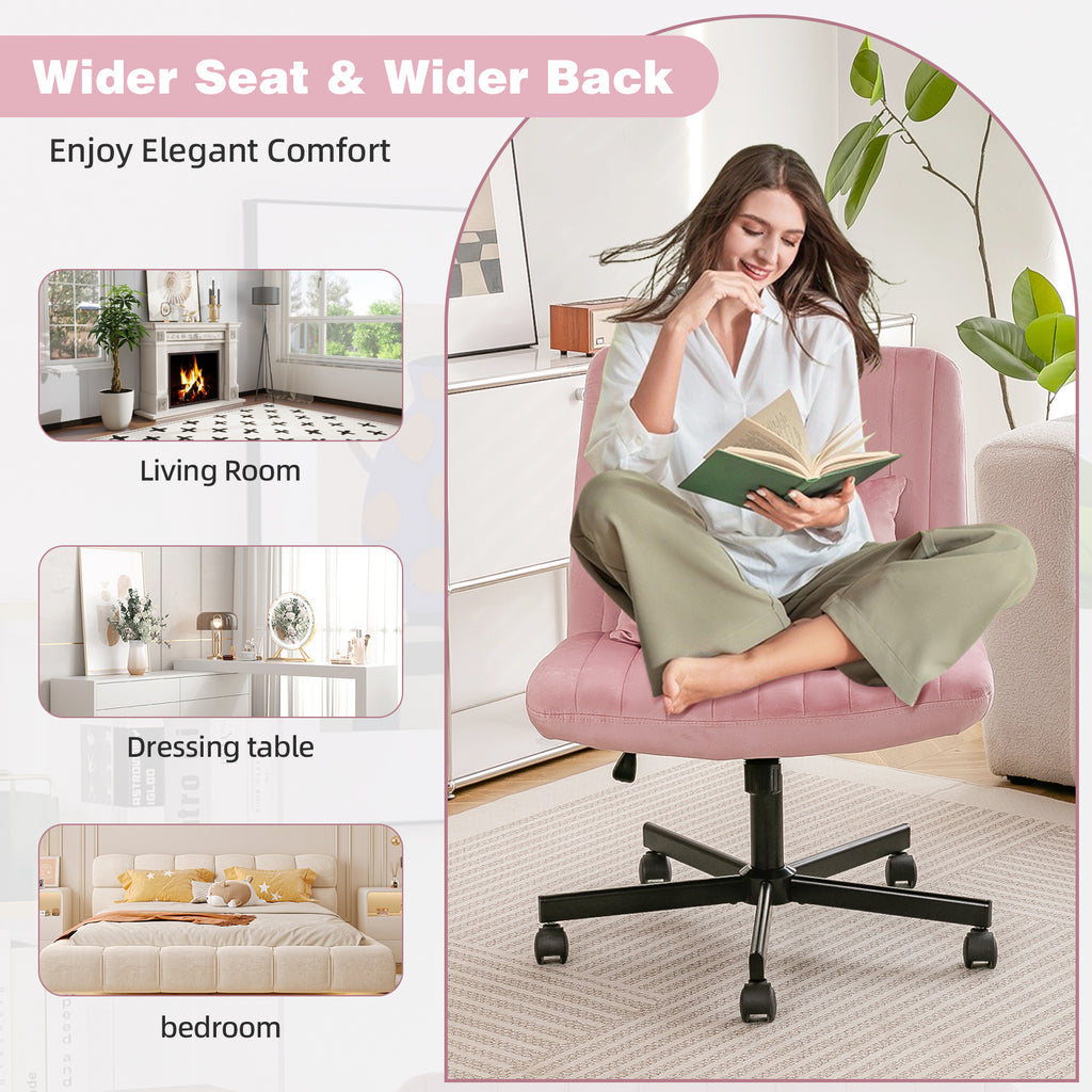 Light Pink Velvet Criss Cross Armless Office Chair with Wheels - Comfortable & Stylish for Home Office, Meditation, and Makeu