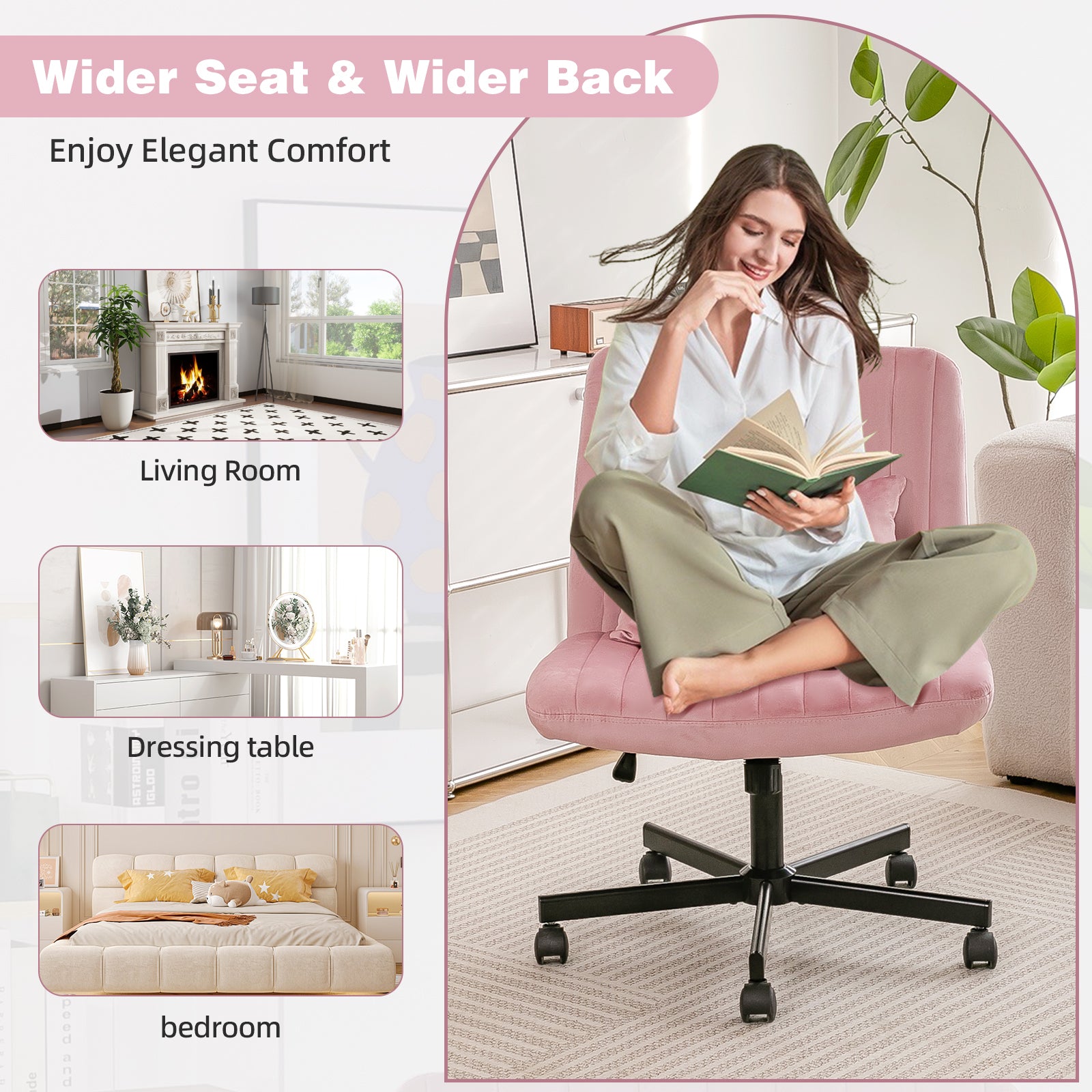 Light Pink Velvet Criss Cross Armless Office Chair with Wheels - Comfortable & Stylish for Home Office, Meditation, and Makeu