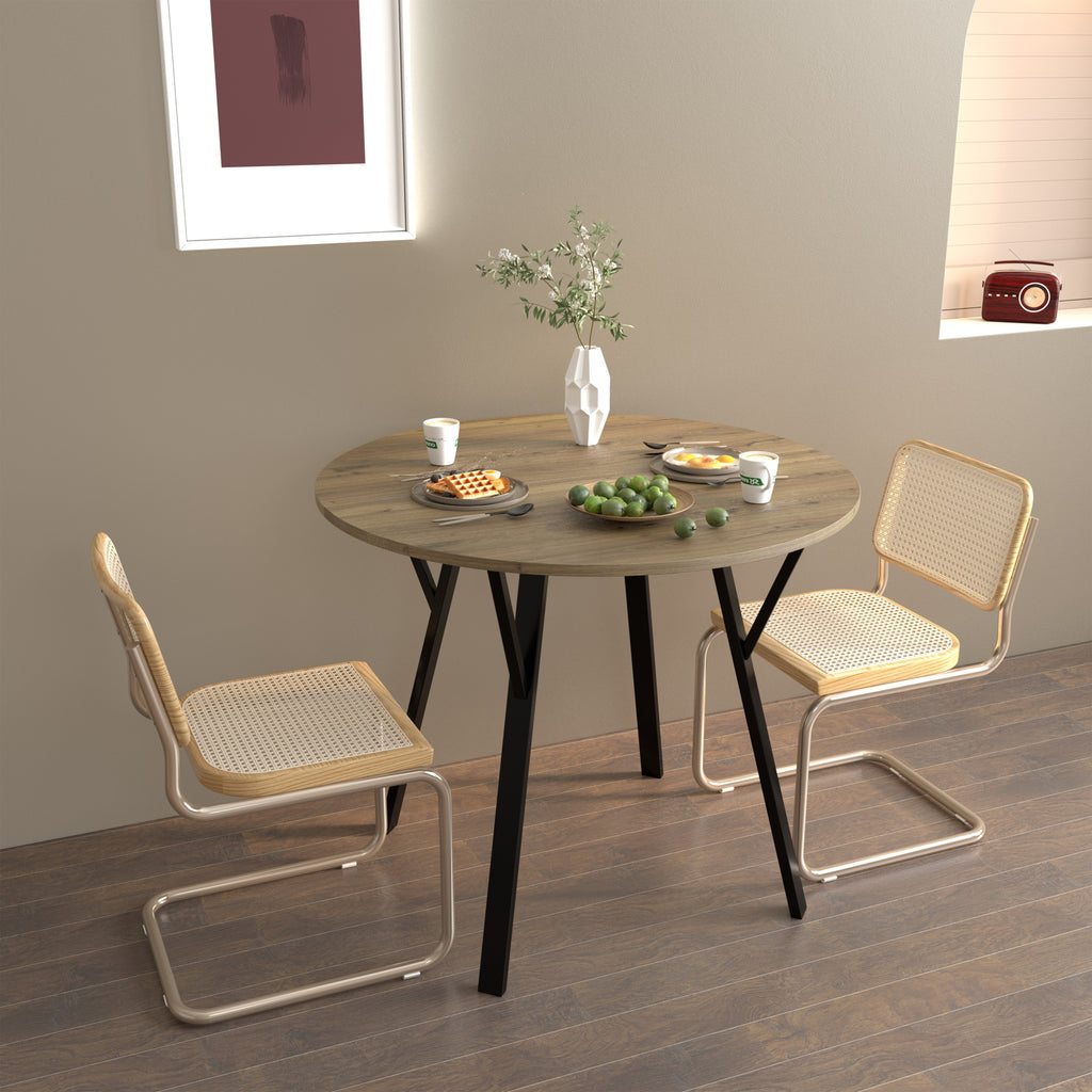 Modern Round Dining Table, Rustic Brown MDF Top with Black Metal Legs, 35.43 Inch Diameter for 2-4 People - Grand Goldman Shop