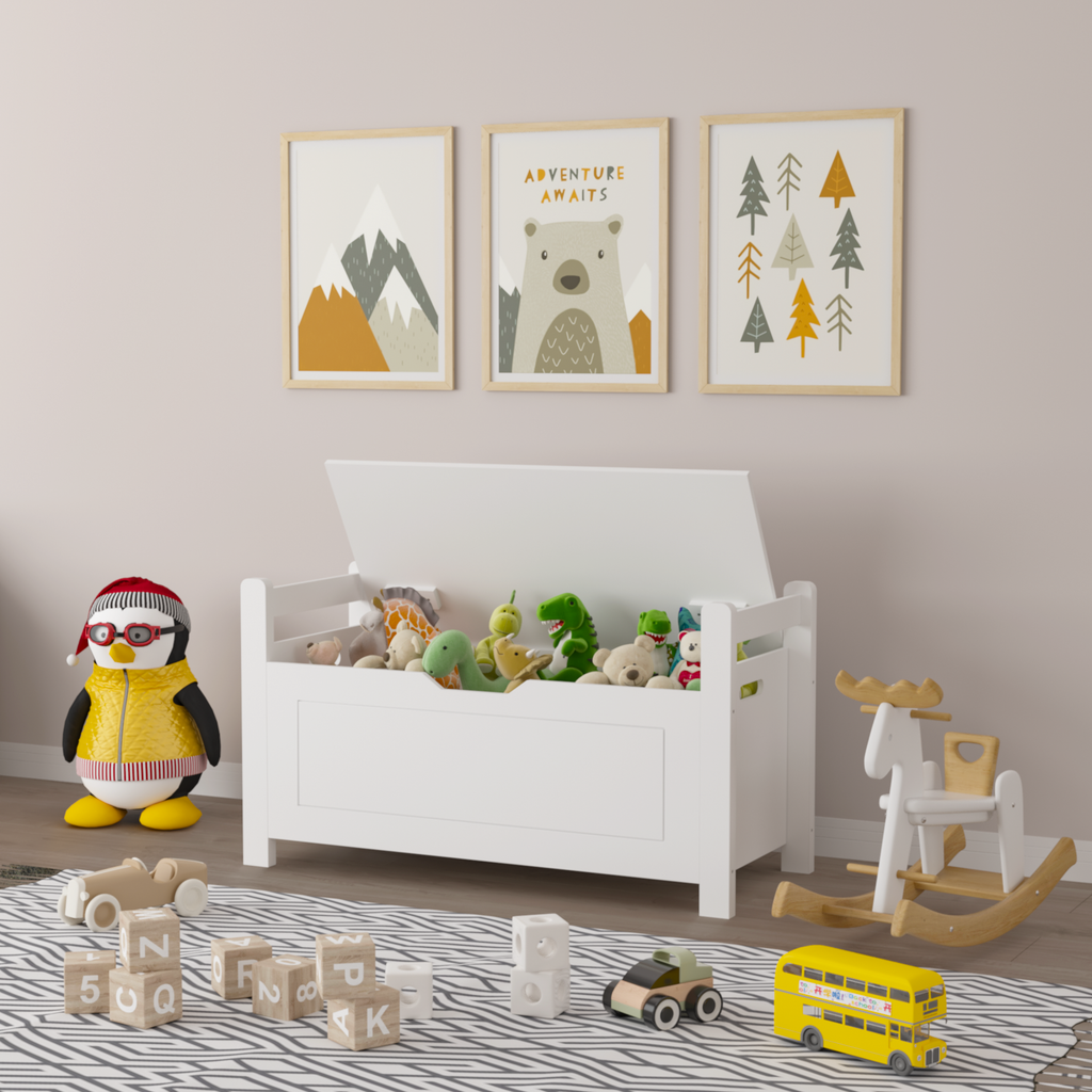Kids Toy Box Chest White Storage Cabinet with Cushion Seat Bench Flip-Top Lid Safety Hinge for Nursery Playroom - Grand Goldm