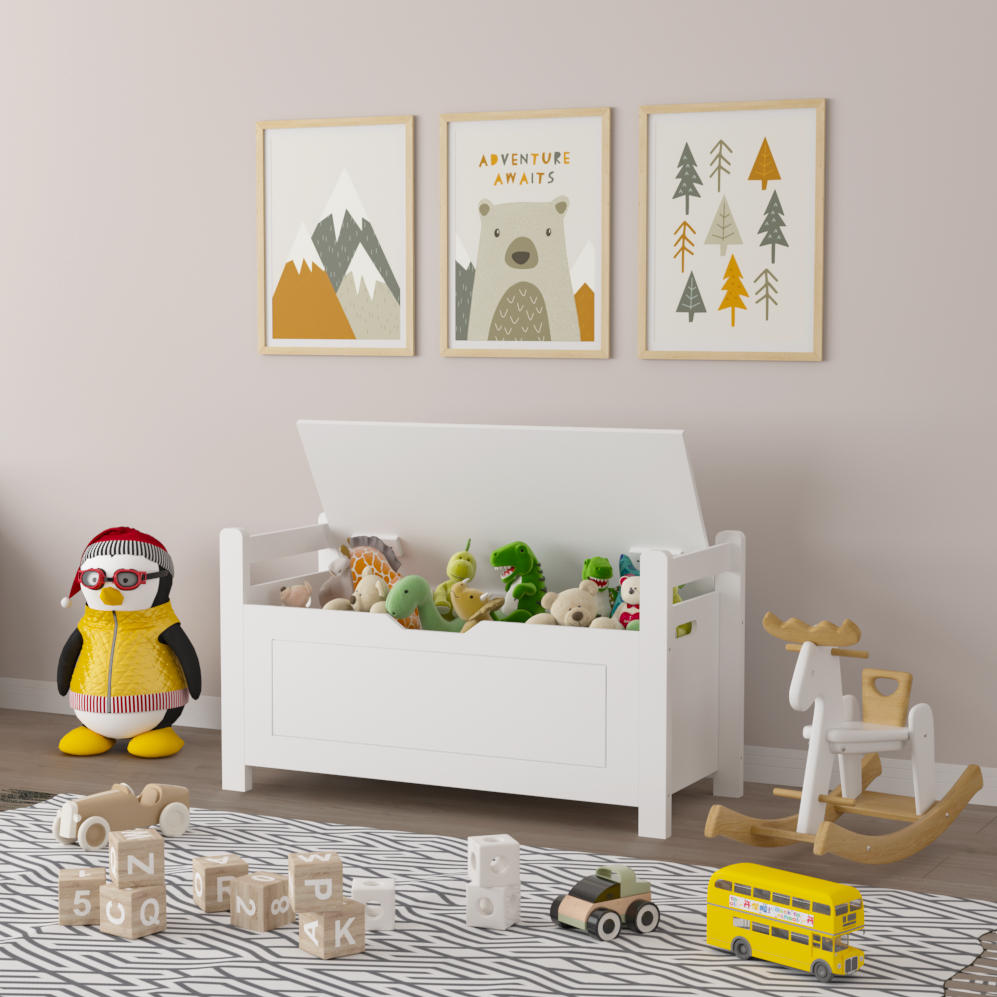Kids Toy Box Chest White Storage Cabinet with Cushion Seat Bench Flip-Top Lid Safety Hinge for Nursery Playroom - Grand Goldm