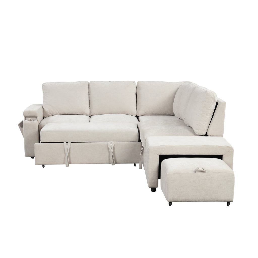 U_STYLE L-shaped Pull-Out Sofa Bed with Storage, USB Ports, and Cup Holders, Modular Design for Living Rooms, Offices & Apartments - Grand Goldman Shop
