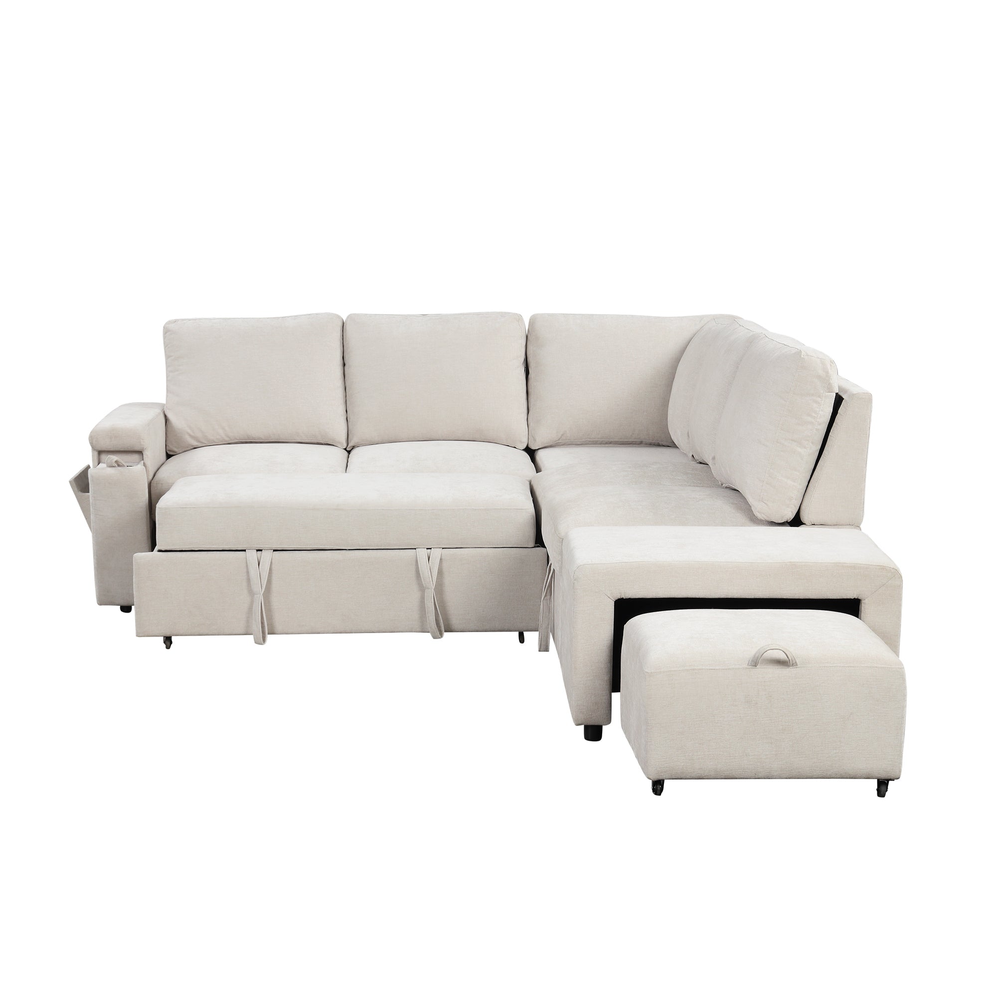 U_STYLE L-shaped Pull-Out Sofa Bed with Storage, USB Ports, and Cup Holders, Modular Design for Living Rooms, Offices & Apartments - Grand Goldman Shop