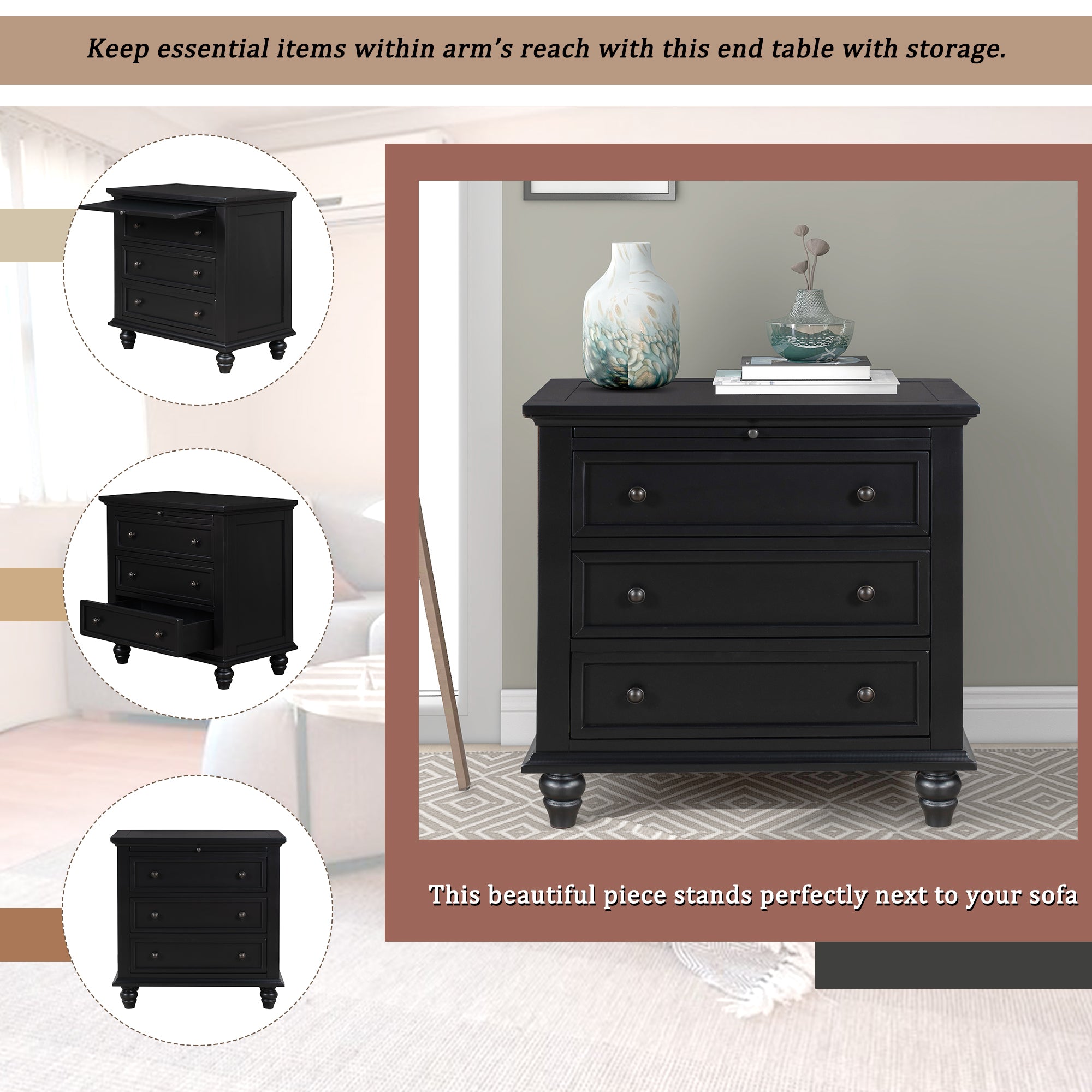 U_STYLE 27.6'' Painted Nightstand with pull-out tray, Fashion Bedside Cabinet with 3 Drawers, Minimalist Sofa Side Table with rubber legs and Metal handle for Bedroom Sofa Couch Office - Grand Goldman Shop