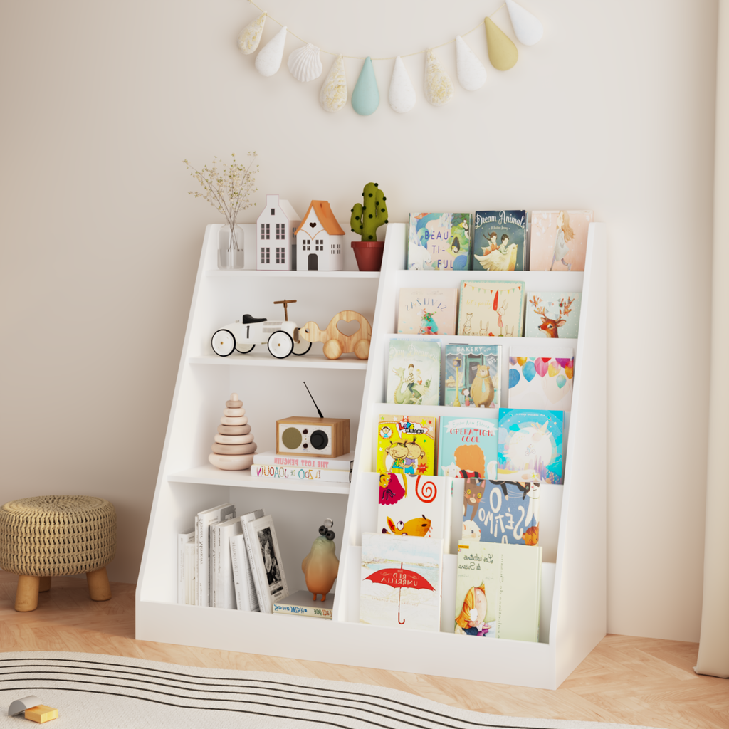New Kids Bookshelf and Toy Storage Organizer, Multifunctional 4 Tier Wooden Kids Book Shelf with  Bookcase Display Stand in K