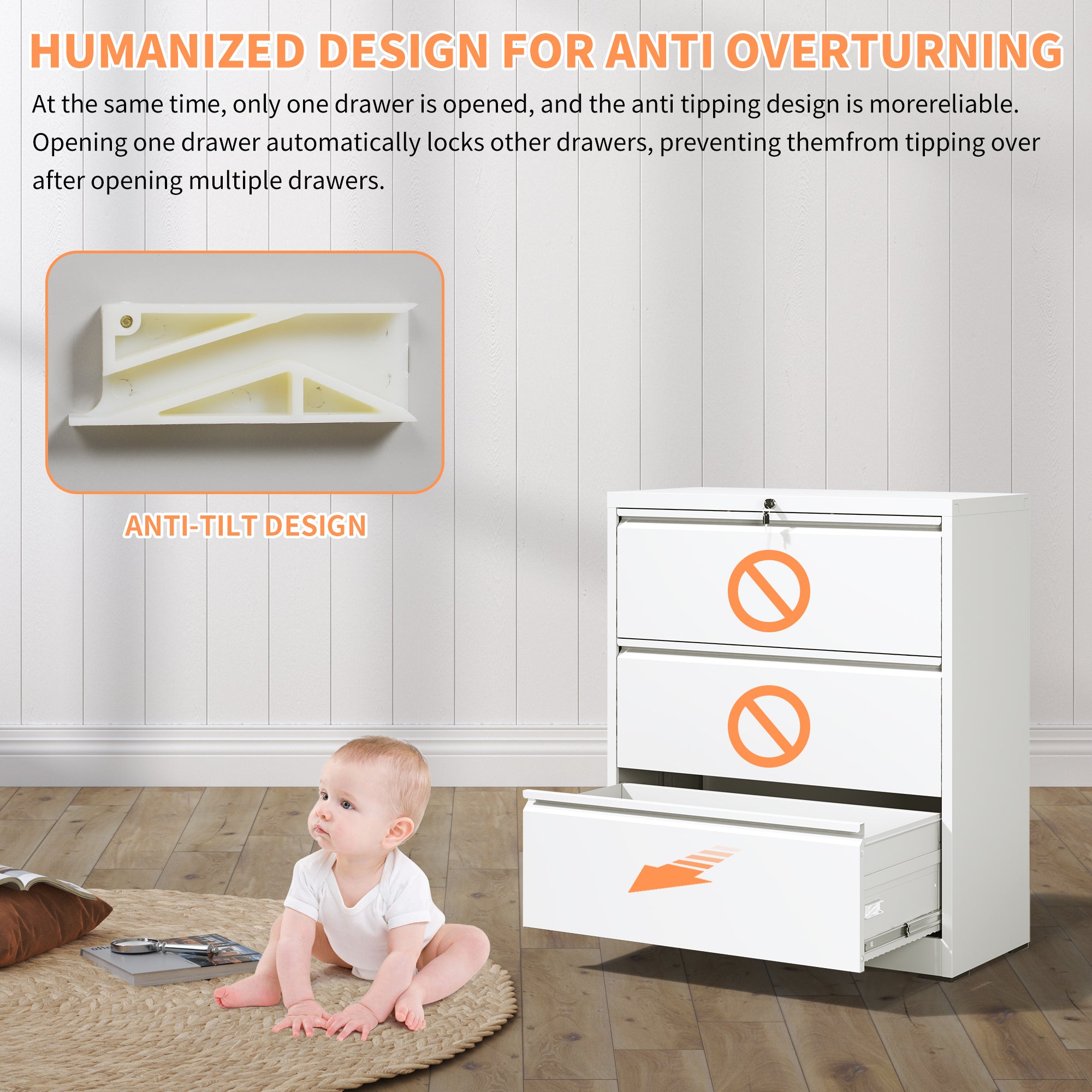 Modern White 3-Drawer Lateral File Cabinet with Lock for Home Office, Metal Filing Cabinet for Legal/Letter/A4/F4 Files | Pre
