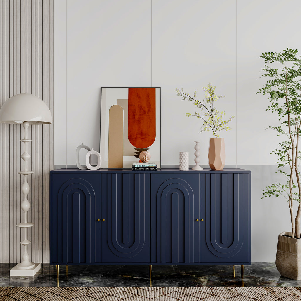 Modern Blue Lacquered 4 Door Wooden Cabinet Sideboard Buffet Server Cabinet Storage Cabinet, for Living Room, Entryway, Hallway, Office, Kitchen and Dining Room - Grand Goldman Shop
