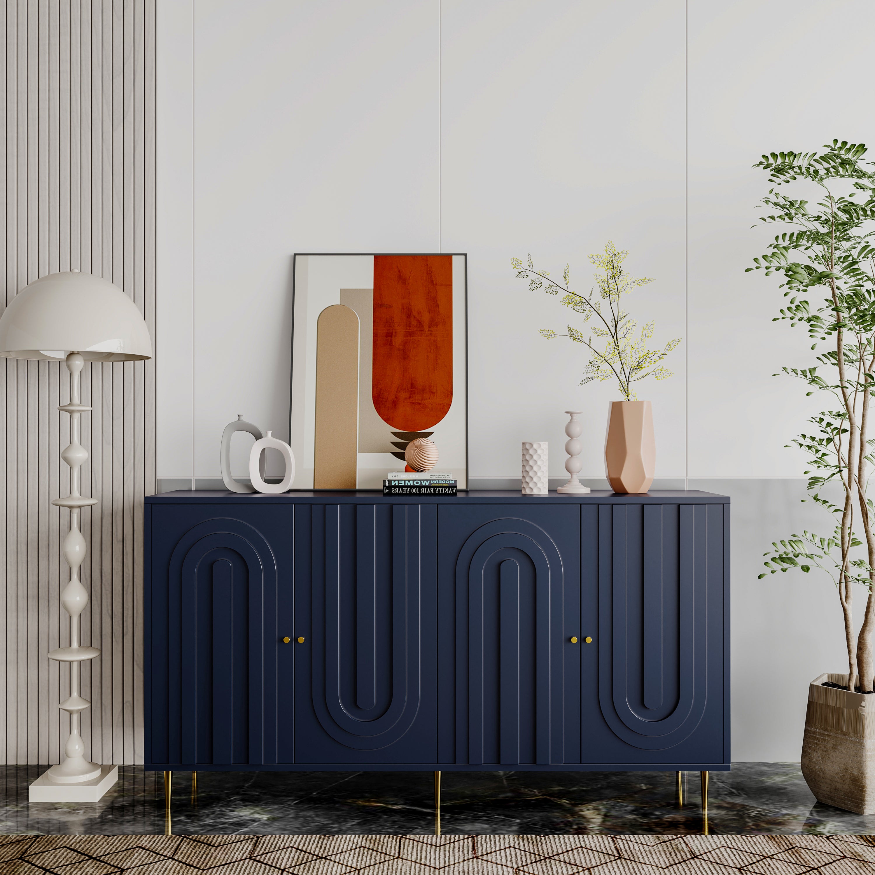Modern Blue Lacquered 4 Door Wooden Cabinet Sideboard Buffet Server Cabinet Storage Cabinet, for Living Room, Entryway, Hallway, Office, Kitchen and Dining Room - Grand Goldman Shop