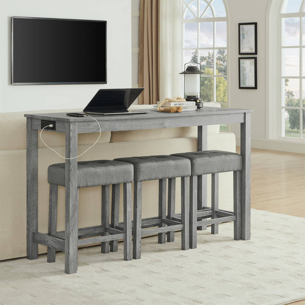 59 Inch Bar Table, Dining Table, Sofa Table with Power Outlet, 3 Upholstered Stools, 4 Piece Bar Table and Chair Set for Living Room, Dining Room, Kitchen - Grand Goldman Shop