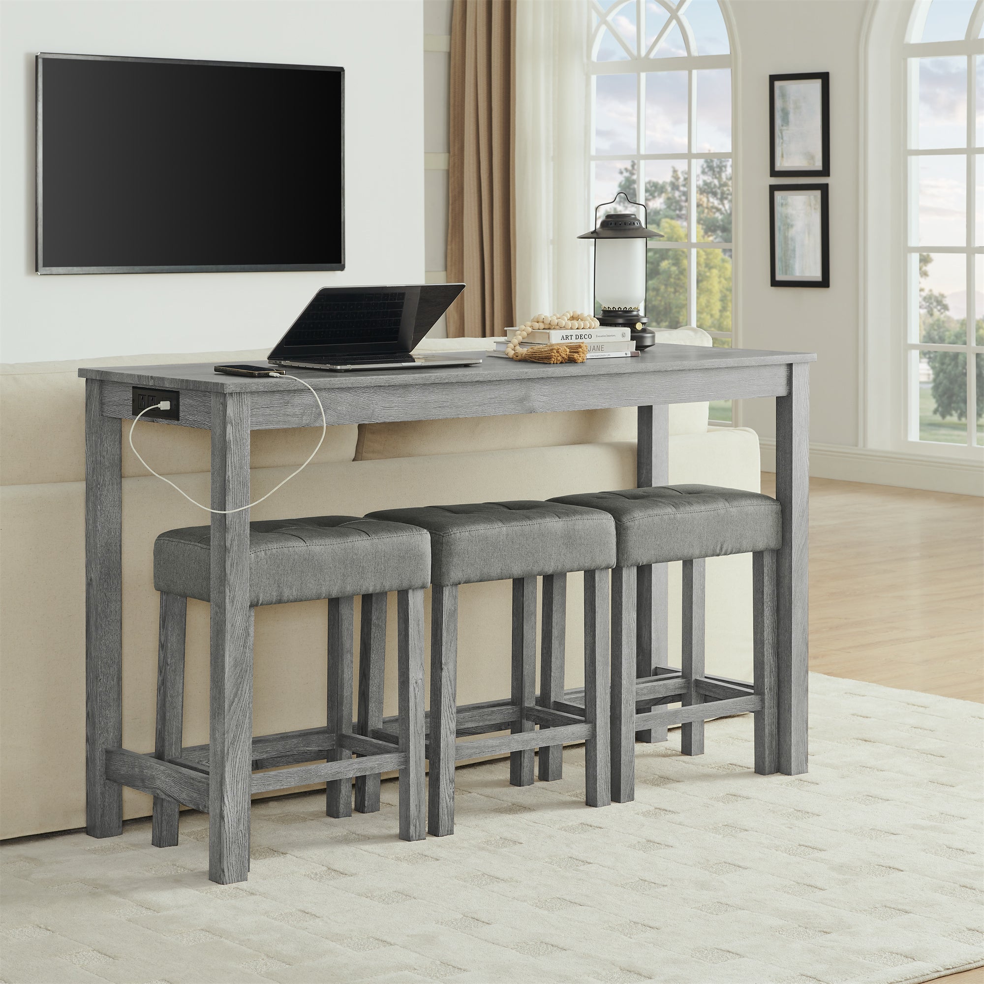 59 Inch Bar Table, Dining Table, Sofa Table with Power Outlet, 3 Upholstered Stools, 4 Piece Bar Table and Chair Set for Living Room, Dining Room, Kitchen - Grand Goldman Shop