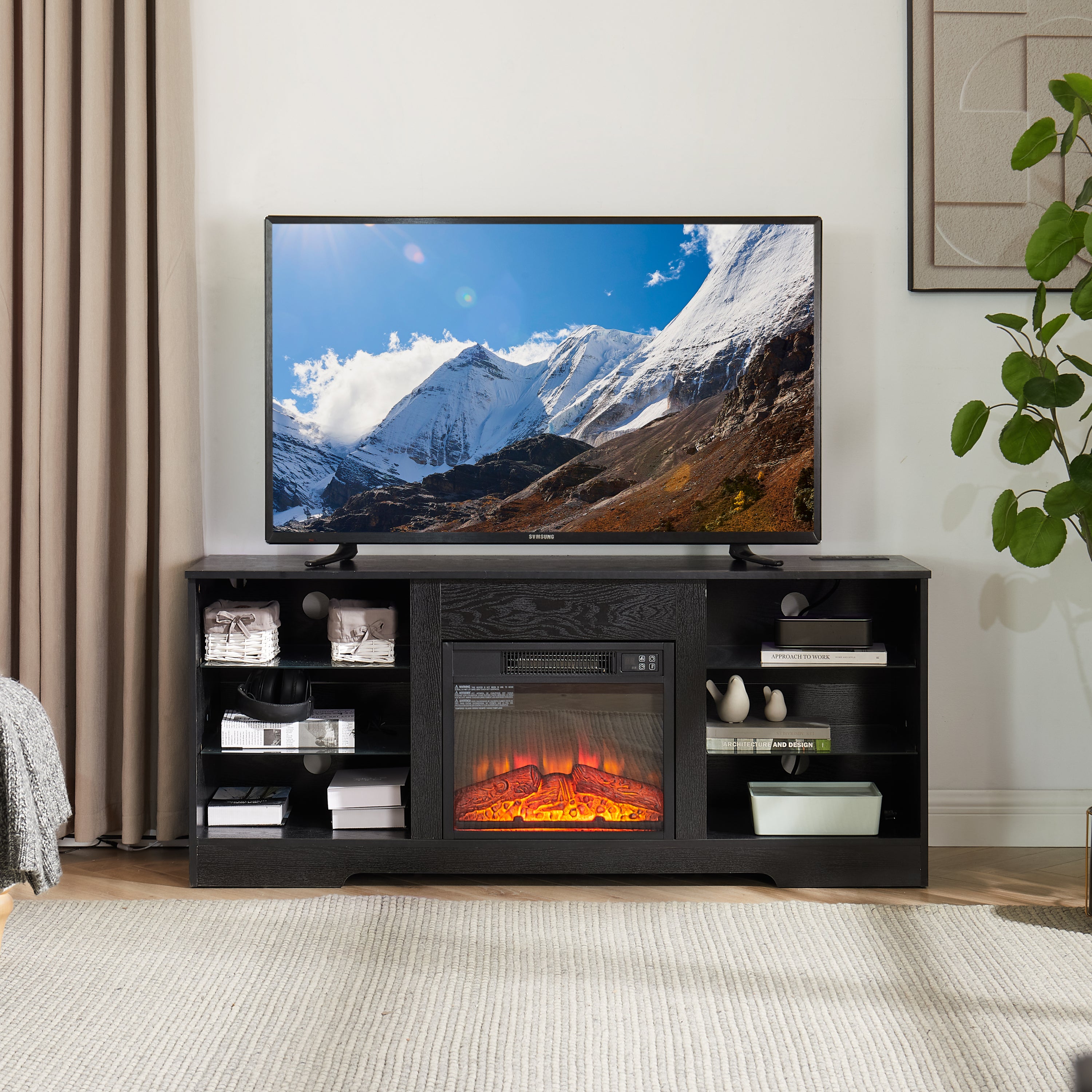 TV Stand Electric Fireplace TV Stand with Glass Shelves, 3D Fireplace TV Stand with LED Lights Wood with USB Charging Outlet Modern Television Table Center for TV up to 32-62' Black 58''W*15.4''D*24.6 - Grand Goldman Shop