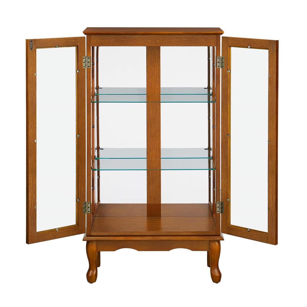Lighted Curio Cabinet with Adjustable Shelves, Mirrored Back Panel, and Tempered Glass Doors, 3-Tier Oak Finish - Grand Goldman Shop
