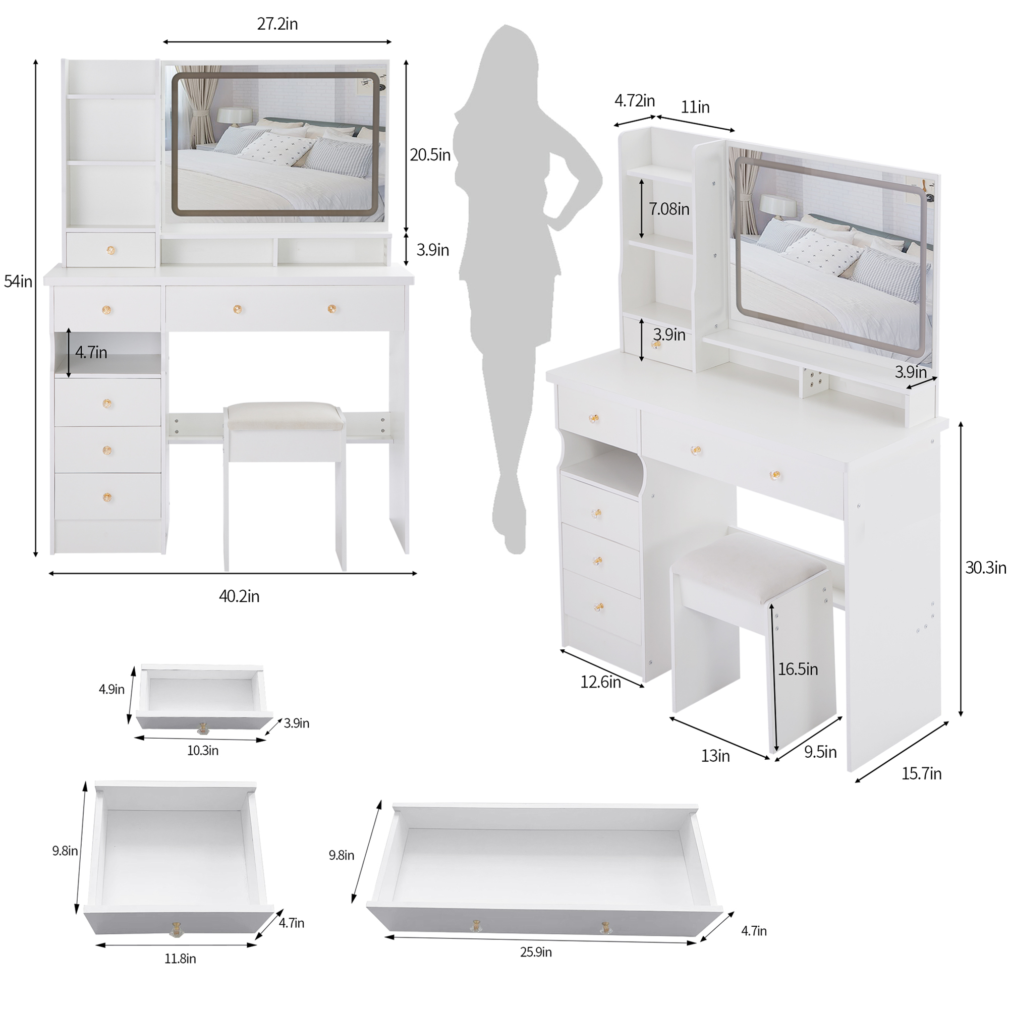 41' Large Sized Desktop Vanity Table + Cushioned Stool, Oversized desktop, Large Touch Control LED Mirror, 3-color Switch, Multi Layer High Capacity Storage Fashion Dresser, EPA, GCC, UL Certificate - Grand Goldman Shop