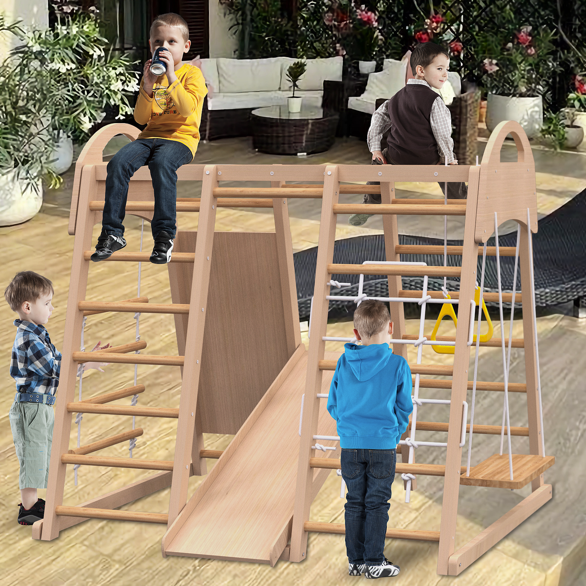 Indoor Playground 7-in-1 Jungle Gym Playset for Kids 2-6yrs - Slide, Climbing Wall, Rope Wall Climber, Monkey Bars, Swing - W