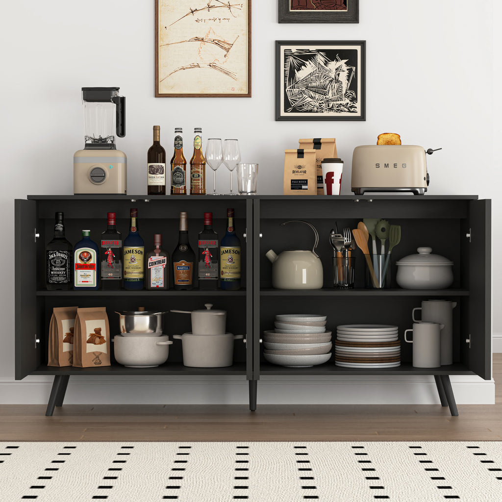 Sideboard Buffet Cabinet with Storage, Long Sideboard Storage Cabinet with 4 Doors, Wood Credenza Console Coffee Bar Cabinets with Adjustable Shelves for Living Room Kitchen Dining Room Black - Grand Goldman Shop