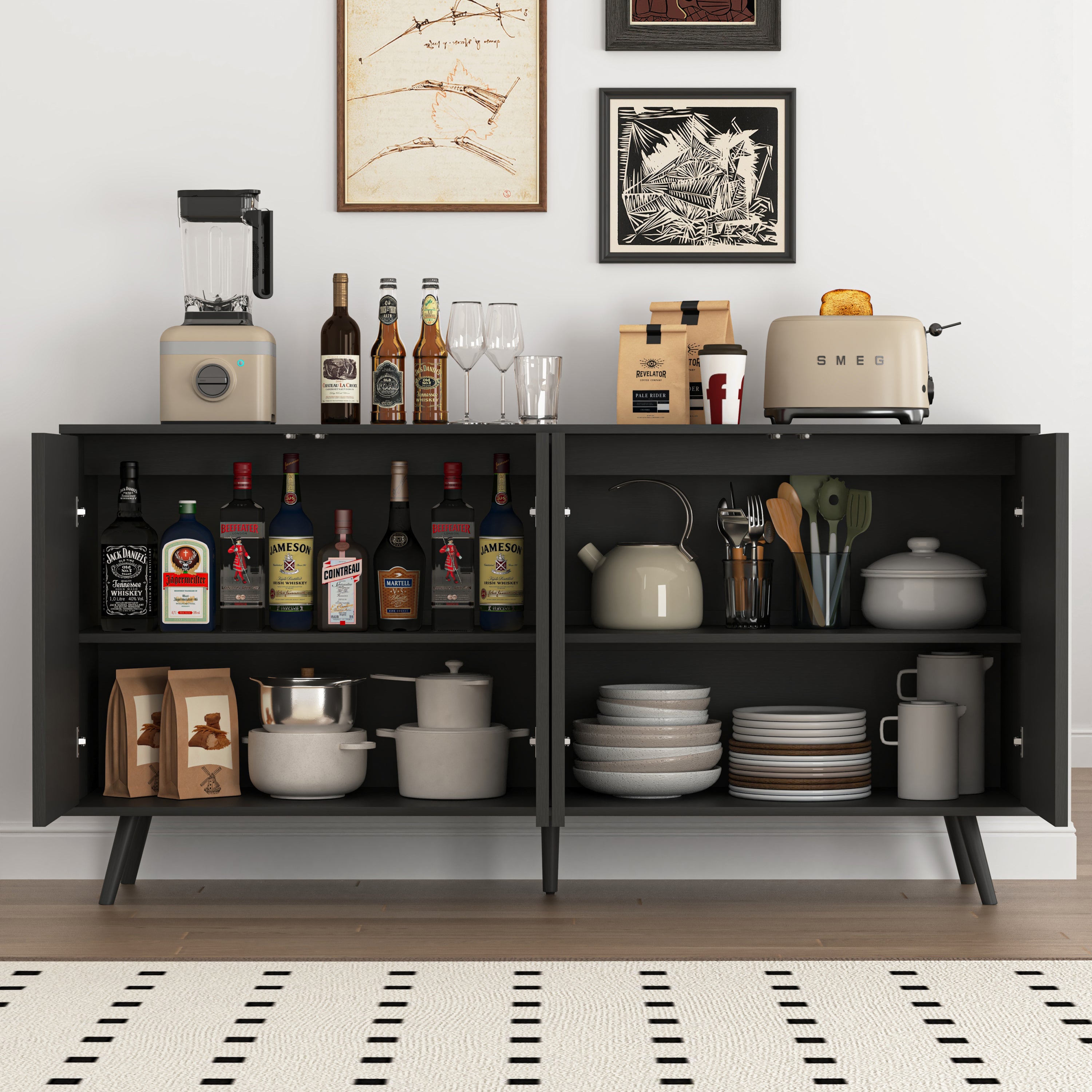 Sideboard Buffet Cabinet with Storage, Long Sideboard Storage Cabinet with 4 Doors, Wood Credenza Console Coffee Bar Cabinets with Adjustable Shelves for Living Room Kitchen Dining Room Black - Grand Goldman Shop
