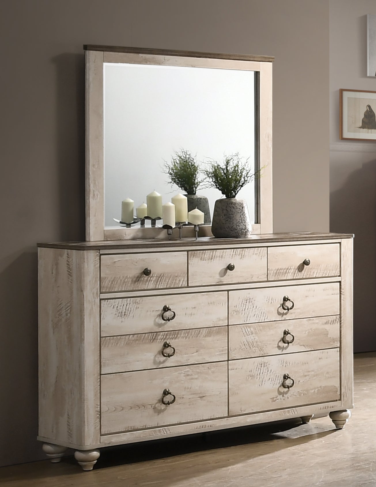 Imerland Contemporary White Wash Finish Bedroom Set, Queen Bed, Dresser, Mirror, Nightstand, Chest - Grand Goldman Shop