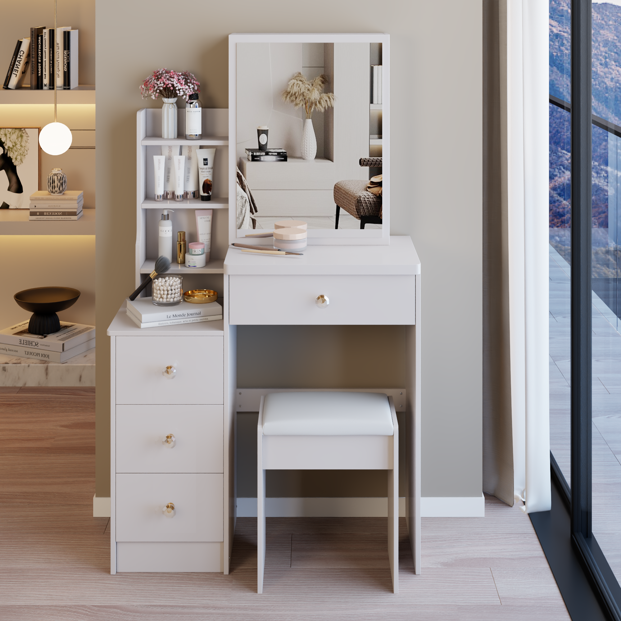 29.2' Small Space Left Bedside Cabinet Vanity Table + Cushioned Stool, Extra Large Right sliding mirror, Multi Layer High Capacity Storage, Practical Fashionable Dresser, EPA, GCC, UL Certificate - Grand Goldman Shop