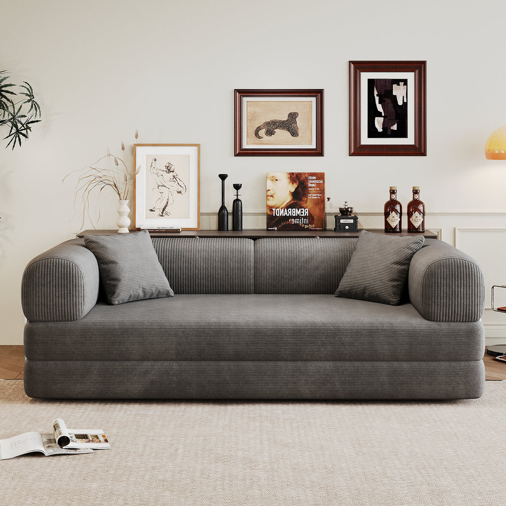 78.8' Compression Sofa,Convertible Floor Sofa Bed-with Pillow Back Support Armrest,Comfy Futon Couch Sleeper Bed,Loveseats Boneless Modular Sectional Sofa,Corduroy fabric,for Living Room,Bedroom,Grey - Grand Goldman Shop