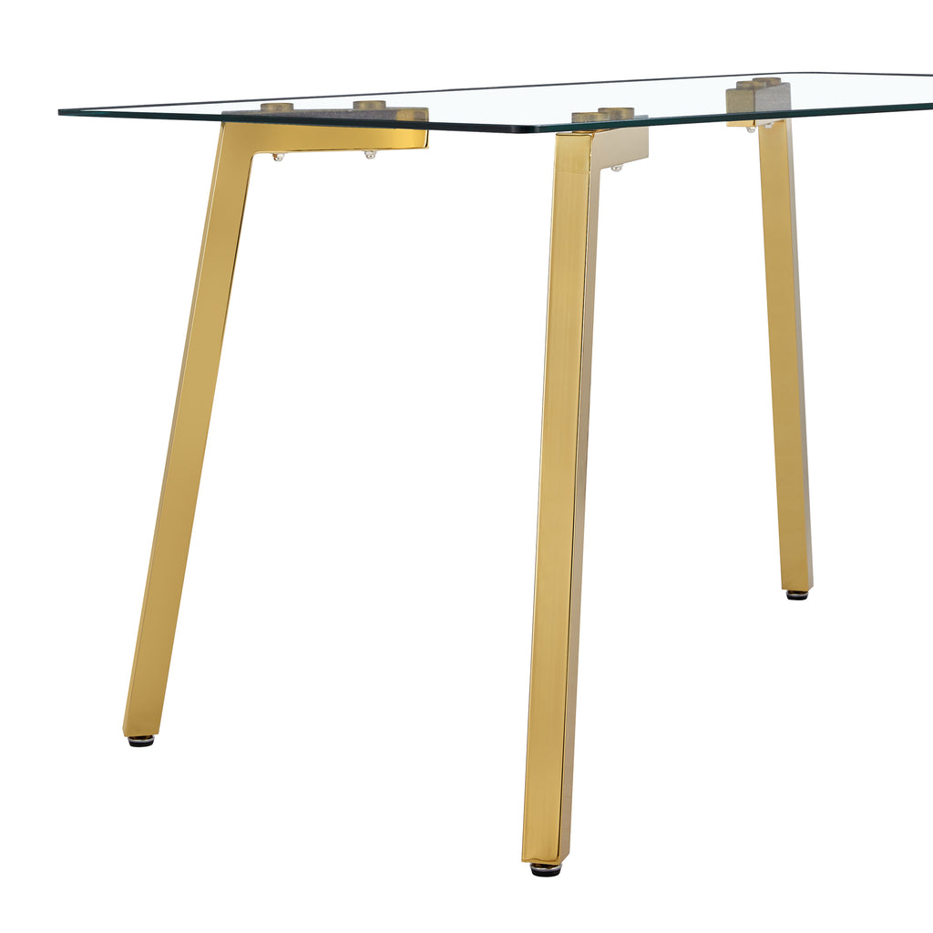 Modern minimalist style rectangular glass dining table with tempered glass tabletop and golden metal legs, suitable for kitchen, dining room, and living room, 51 ' * 31.5 ' * 29.5 '   1123 - Grand Goldman Shop