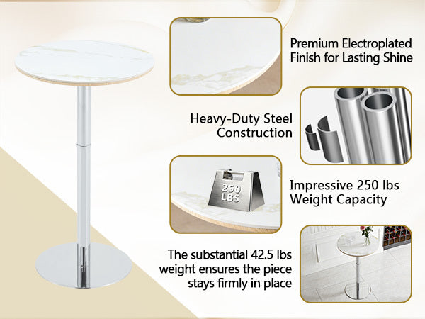 Rock slab circular tabletop non adjustable (39 inches high) bar table, bar table with silver legs and base (white) - Grand Goldman Shop