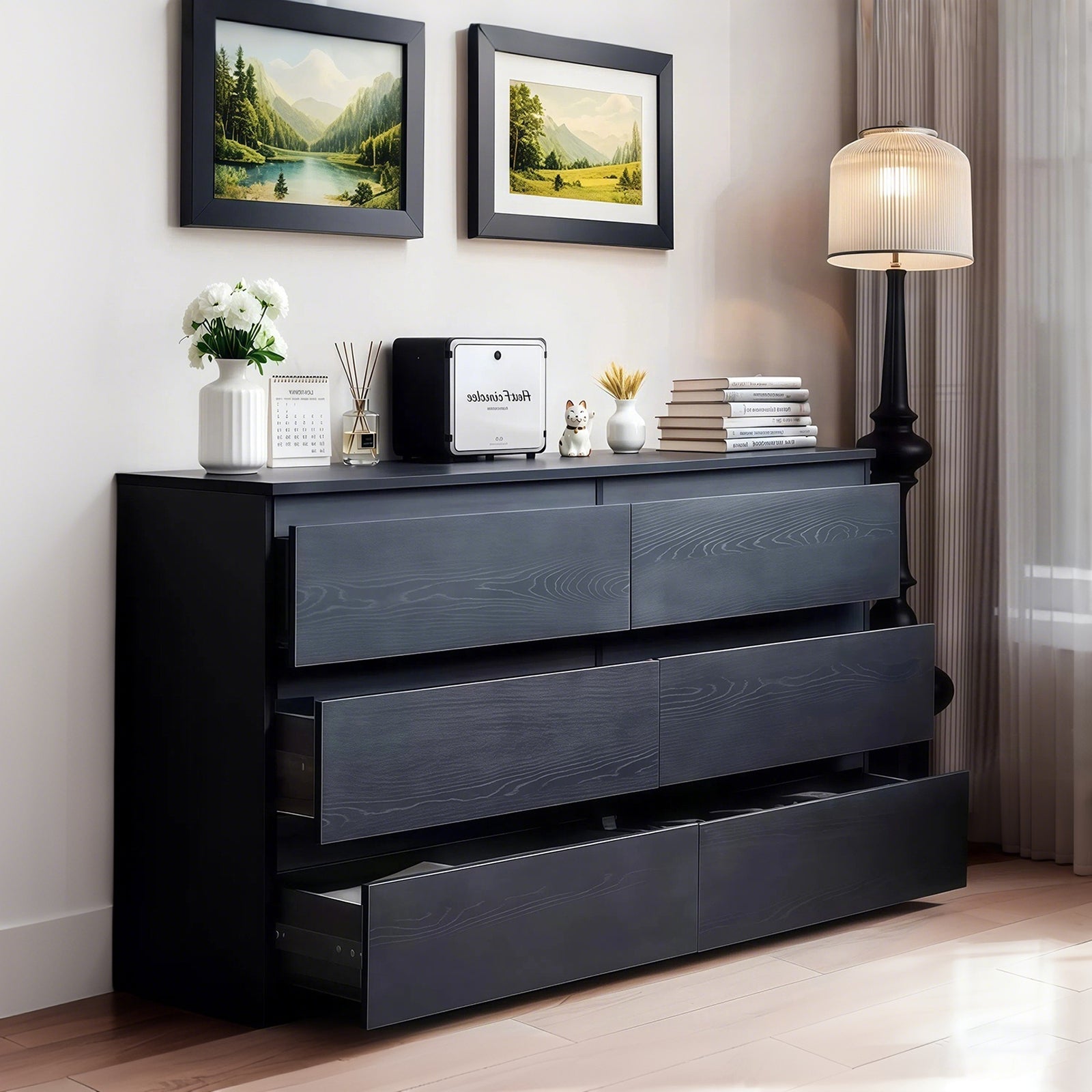 Modern 6 Drawer Dresser with Spacious Countertop and Concealed Handles, Storage Cabinet for Bedroom and Living Room, Black MDF - Grand Goldman Shop