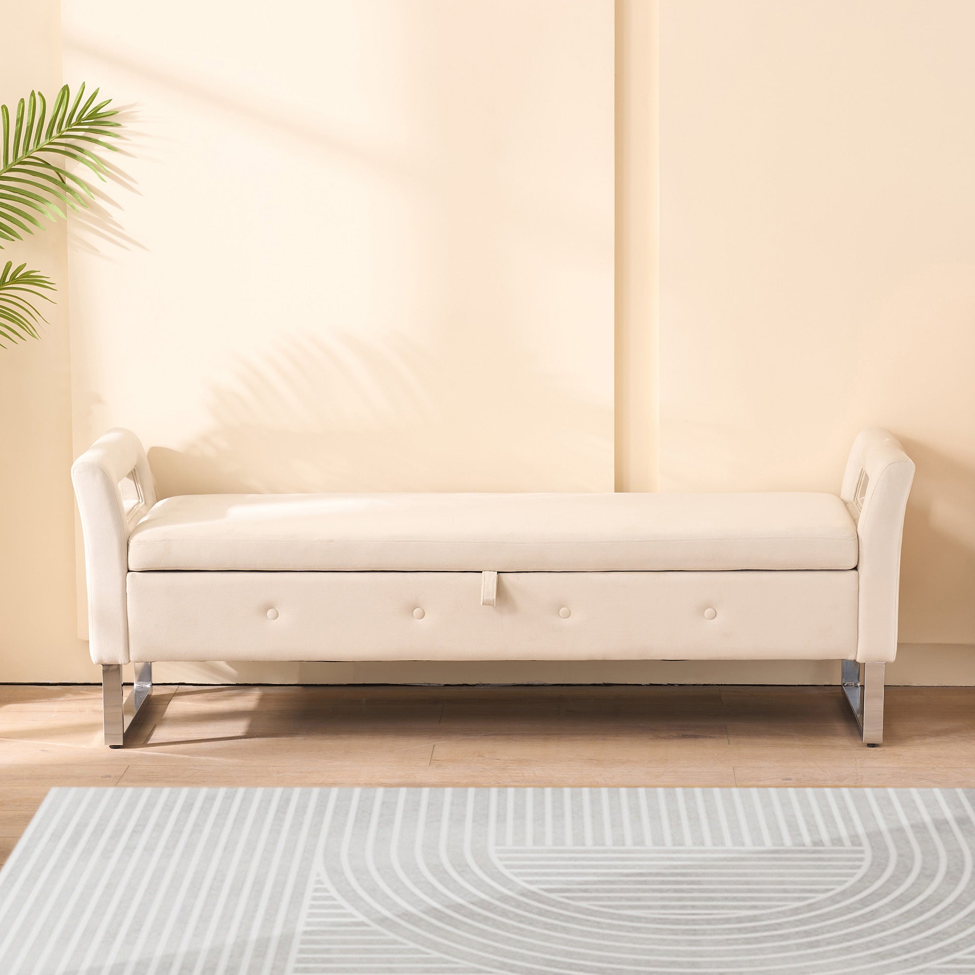 67.91' Wide Storage Soft Ottoman Bench with Armrests,Footrest Bed End Stool for Living Room, Dorm, Entryway and Bedroom, Beige - Grand Goldman Shop