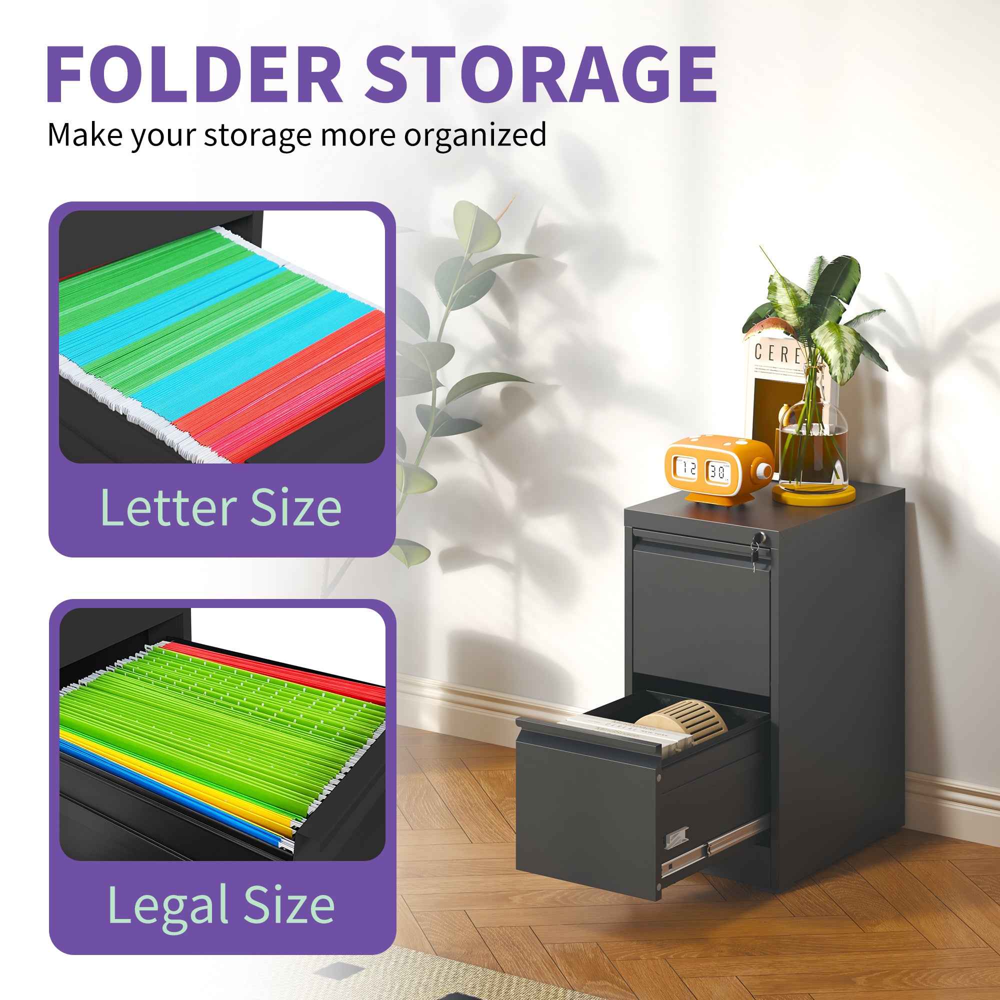 Black Steel 2 Drawer Vertical File Cabinet with Lock for A4 Legal/Letter Size | Premium Home Decor - Grand Goldman